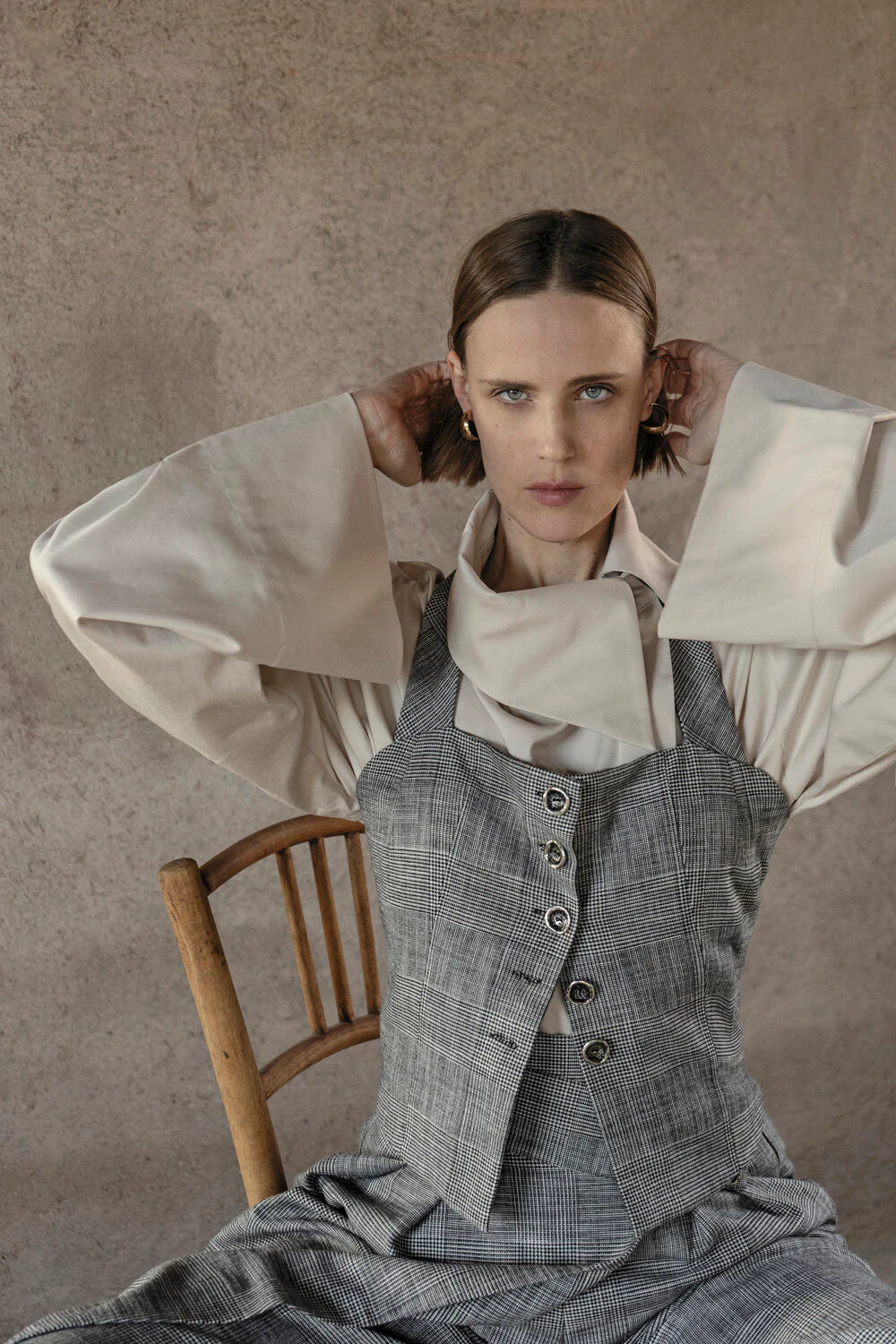 K M by L A N G E PLAID WOOL OPEN BACK VEST - Gray - Image 3