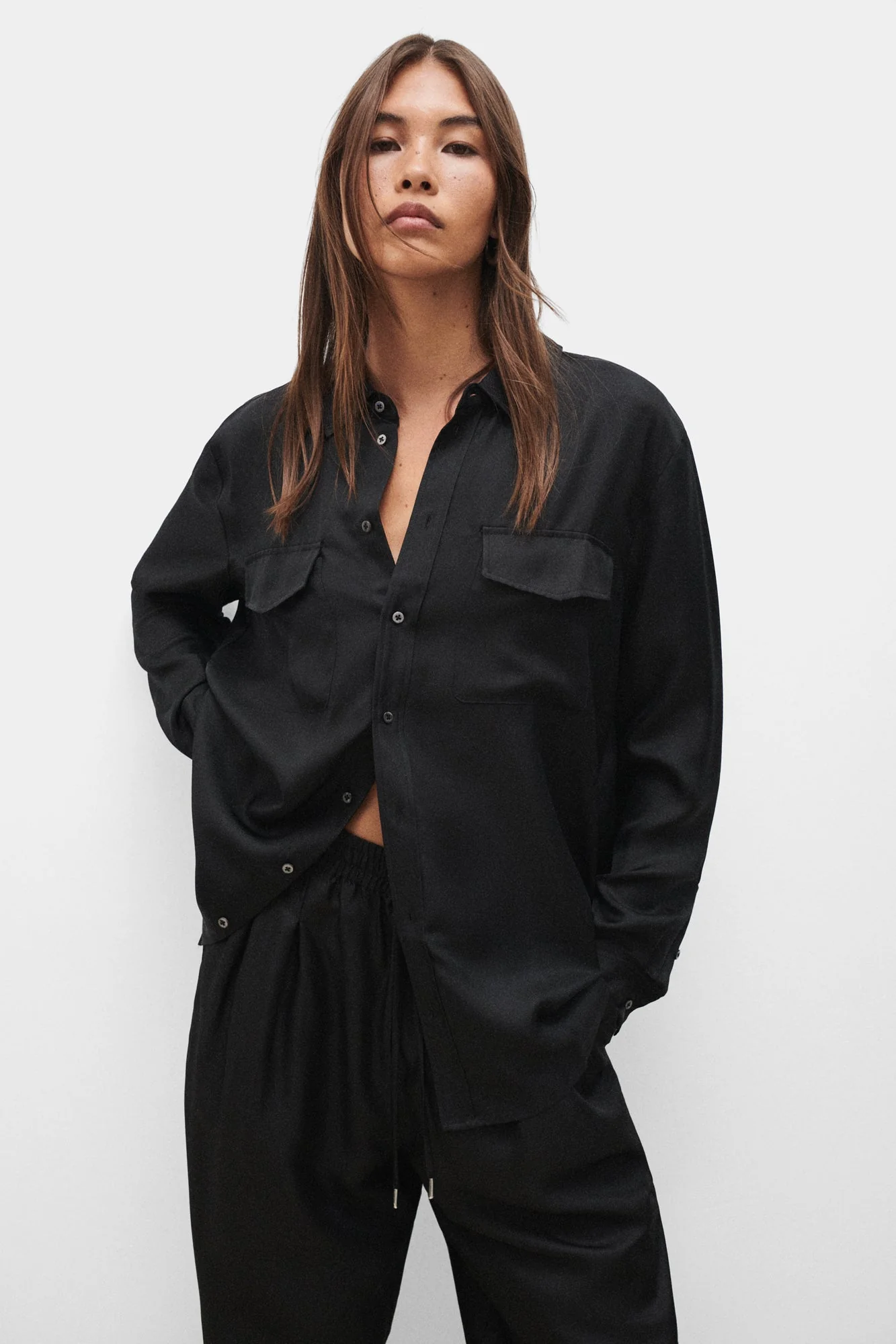 Silk Laundry Twill Boyfriend Shirt - Black - Image 3