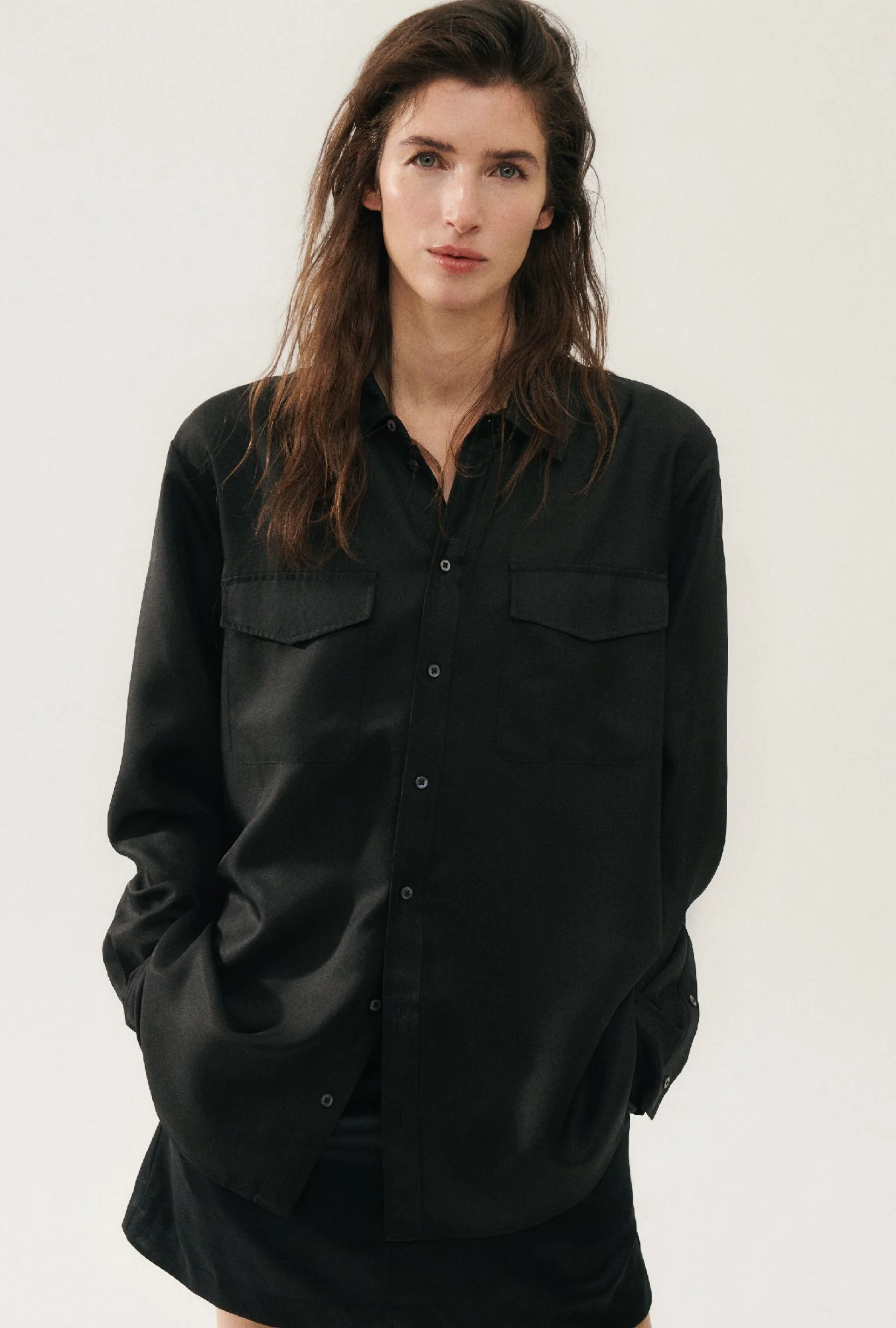 Silk Laundry Twill Boyfriend Shirt - Black - Image 6