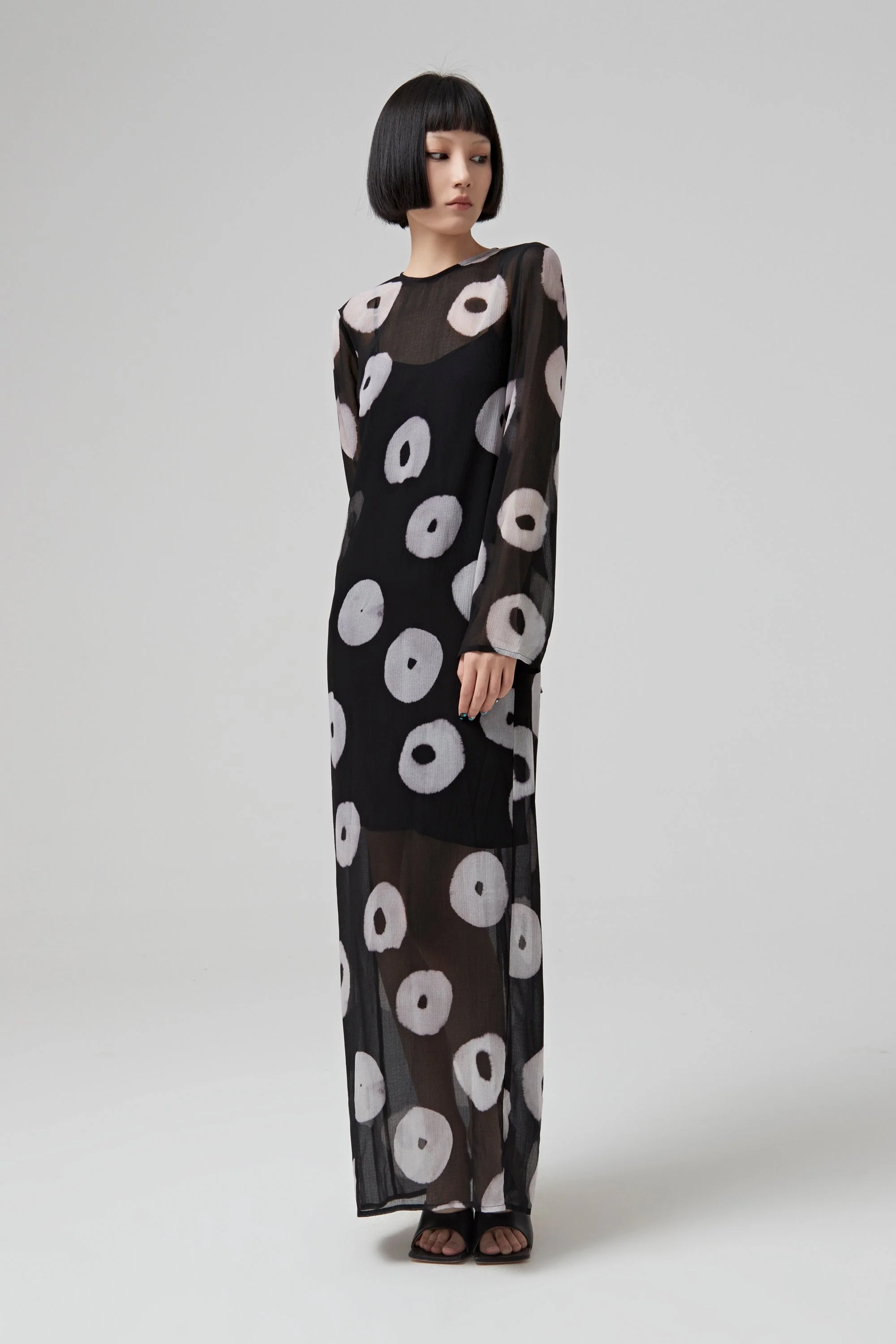 Nina Ricci Long Sleeves Straight Dress - Printed Crepon Black/White