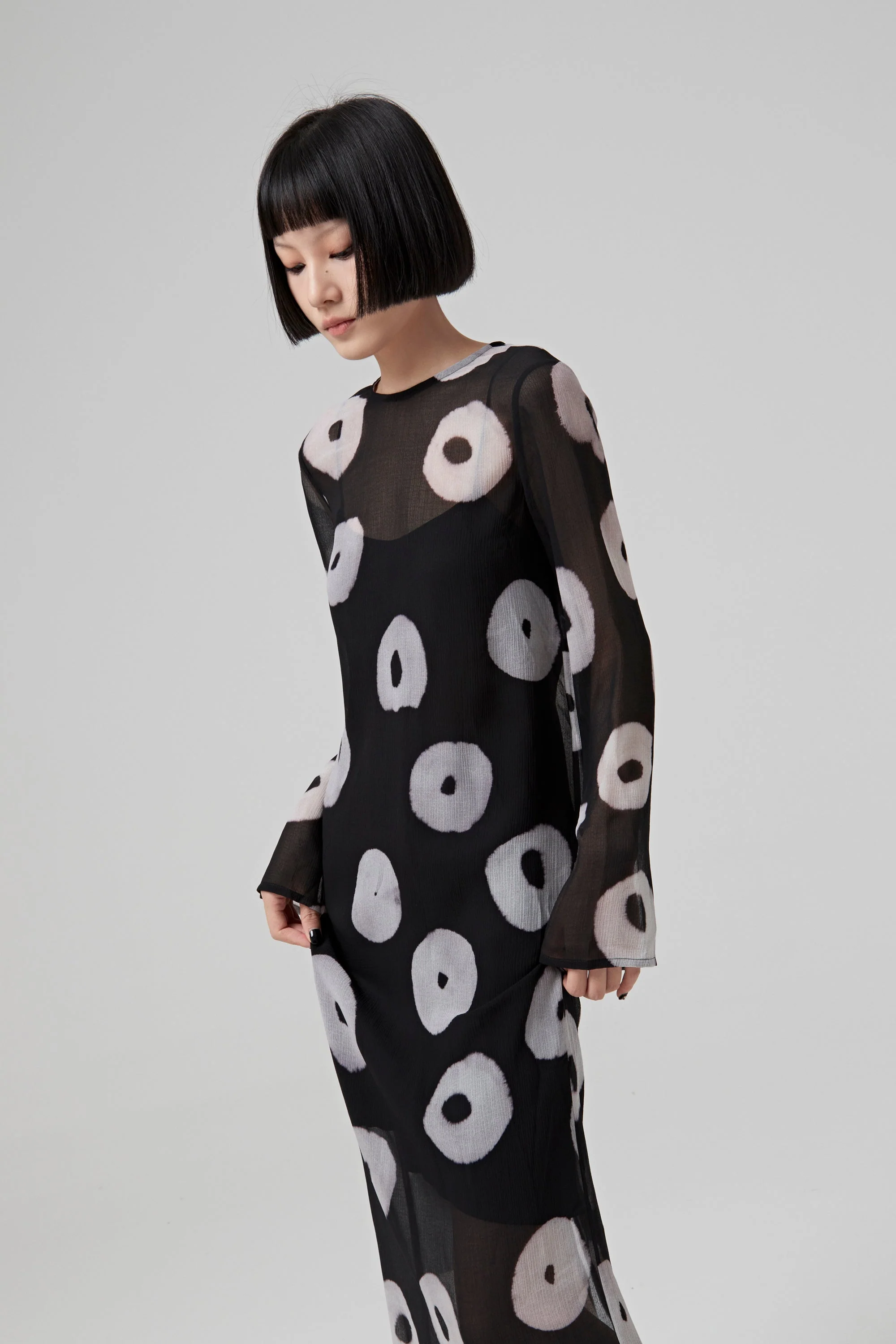 Nina Ricci Long Sleeves Straight Dress - Printed Crepon Black/White - Image 4