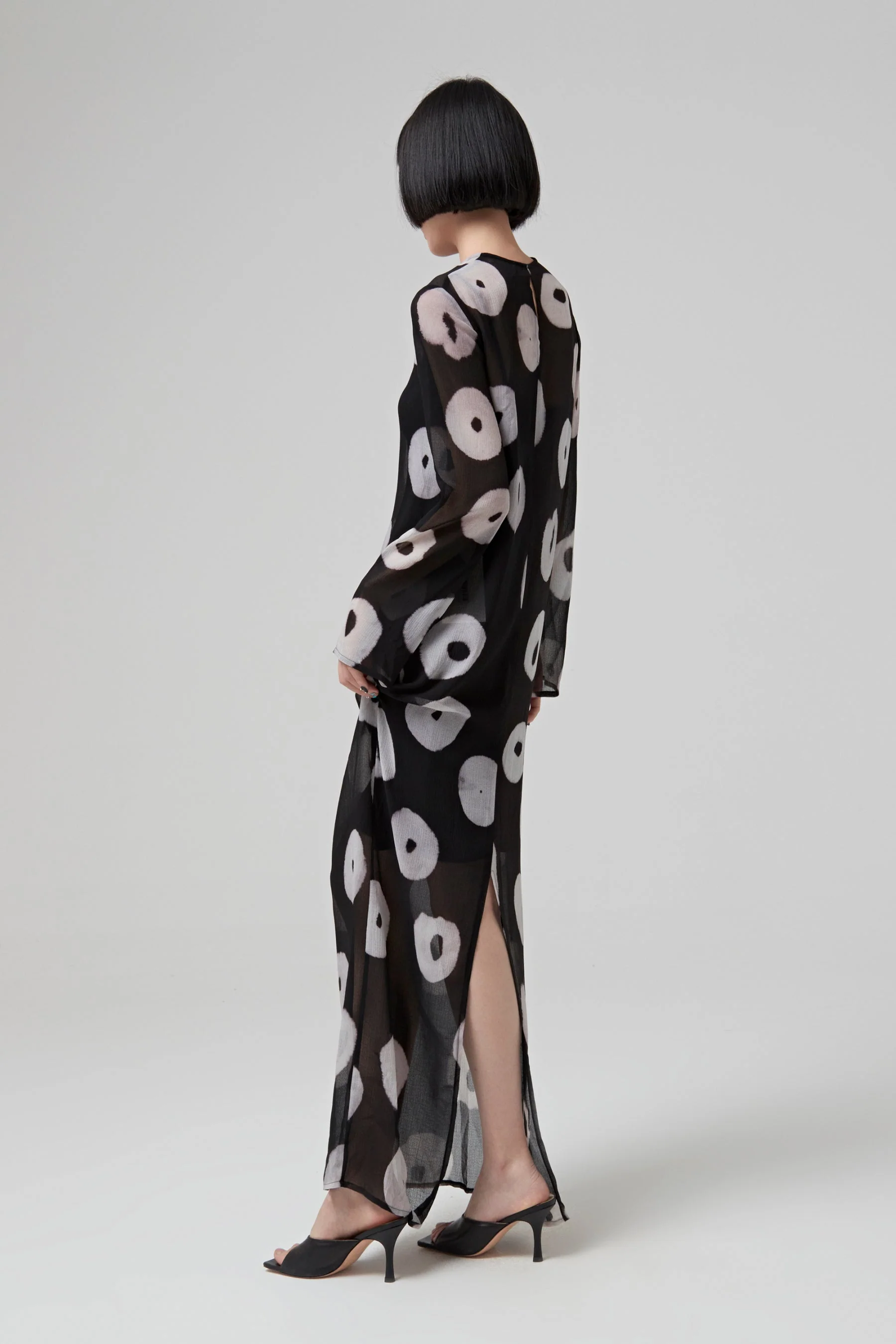 Nina Ricci Long Sleeves Straight Dress - Printed Crepon Black/White - Image 5