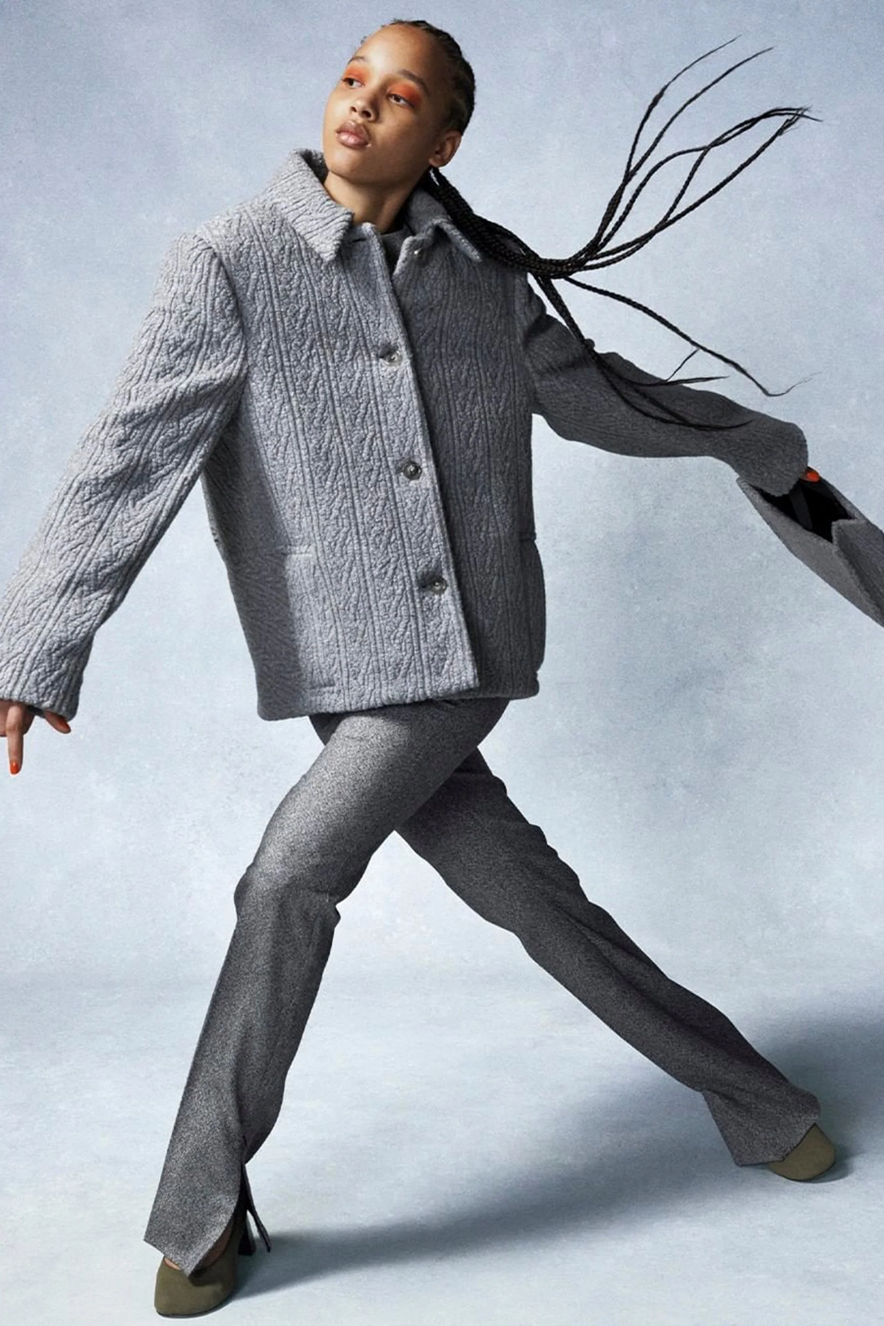 Single Breasted Grey Jacquard Jersey Jacket Buttoned In The Front - Heather Grey - Image 2