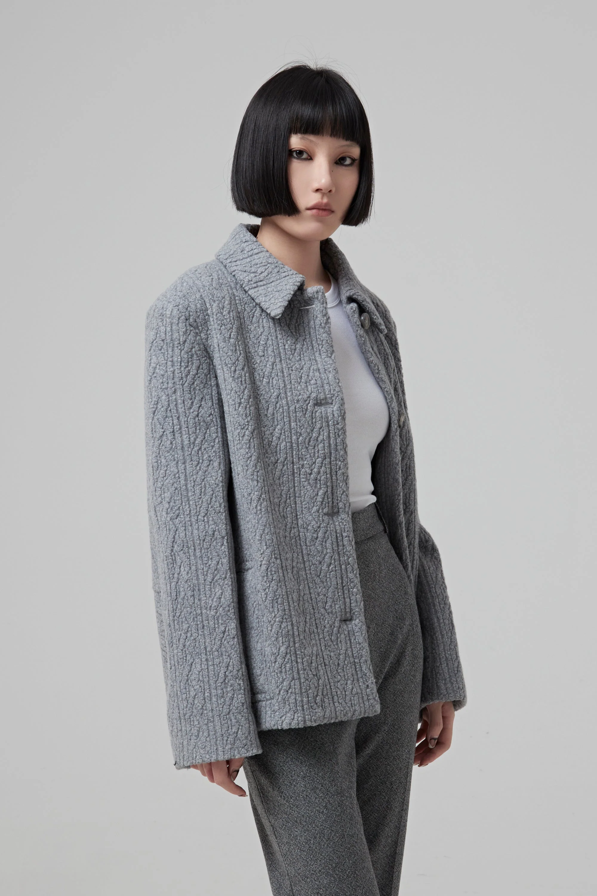 Single Breasted Grey Jacquard Jersey Jacket Buttoned In The Front - Heather Grey - Image 3