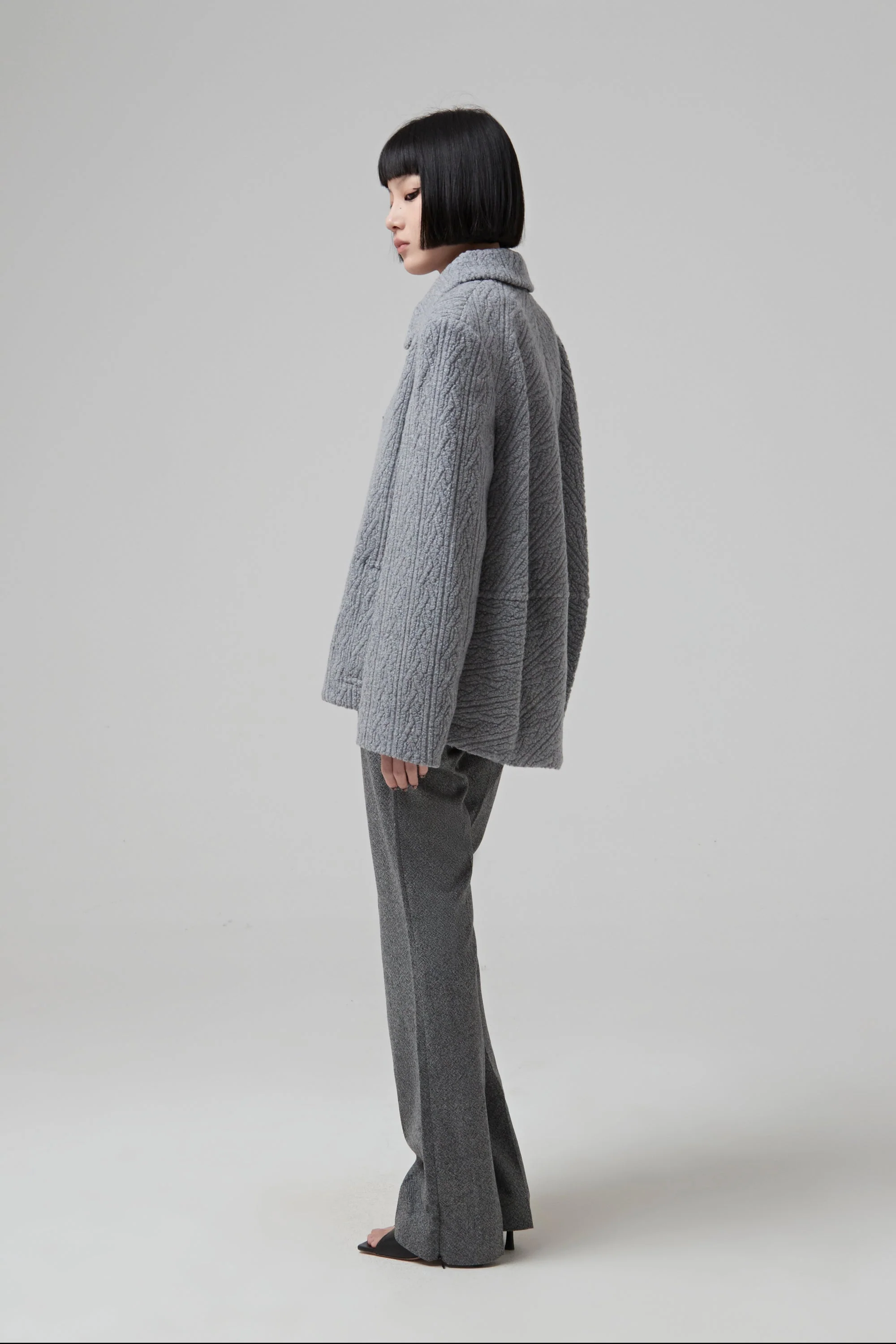 Single Breasted Grey Jacquard Jersey Jacket Buttoned In The Front - Heather Grey - Image 5