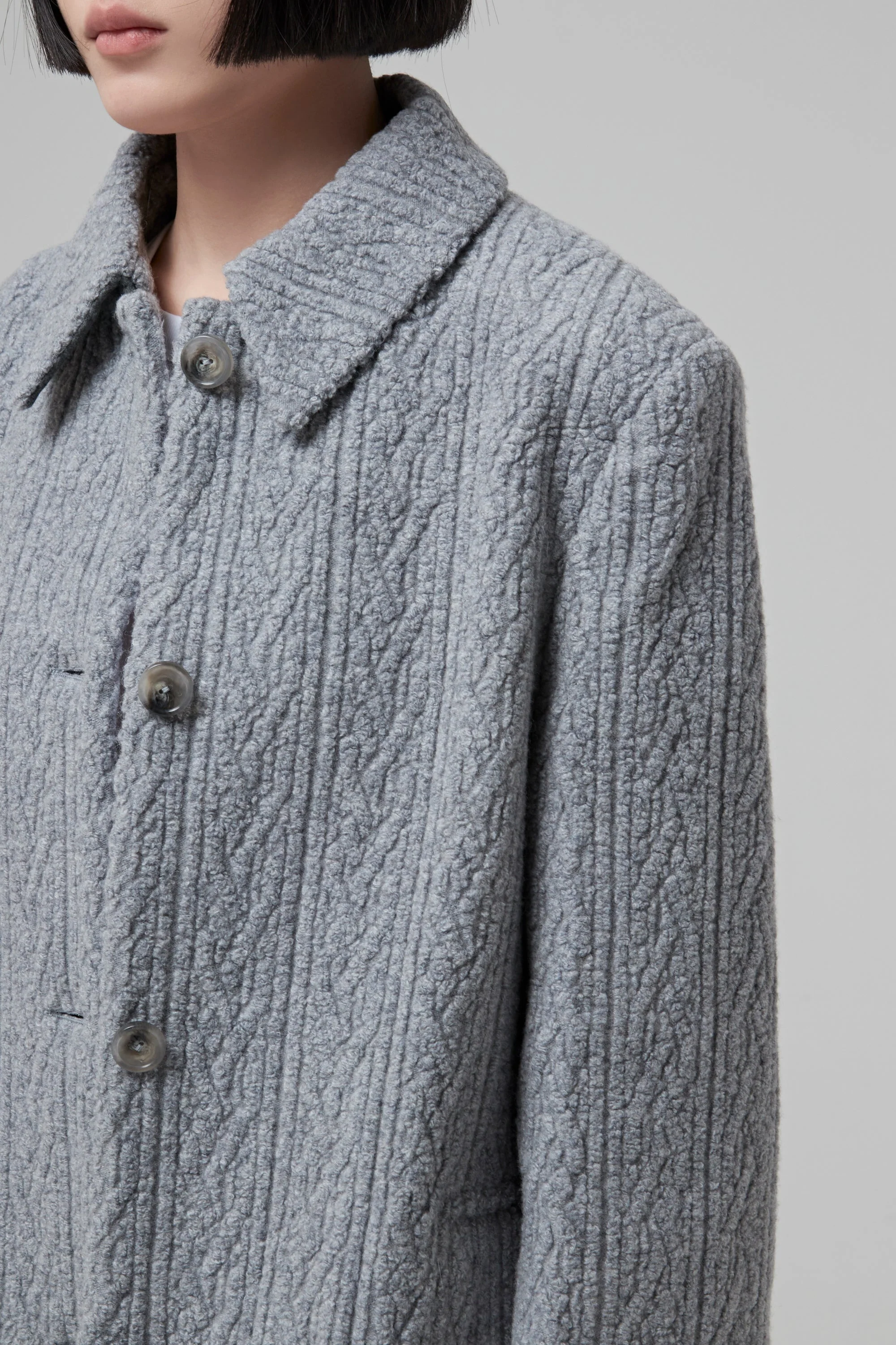 Single Breasted Grey Jacquard Jersey Jacket Buttoned In The Front - Heather Grey - Image 6