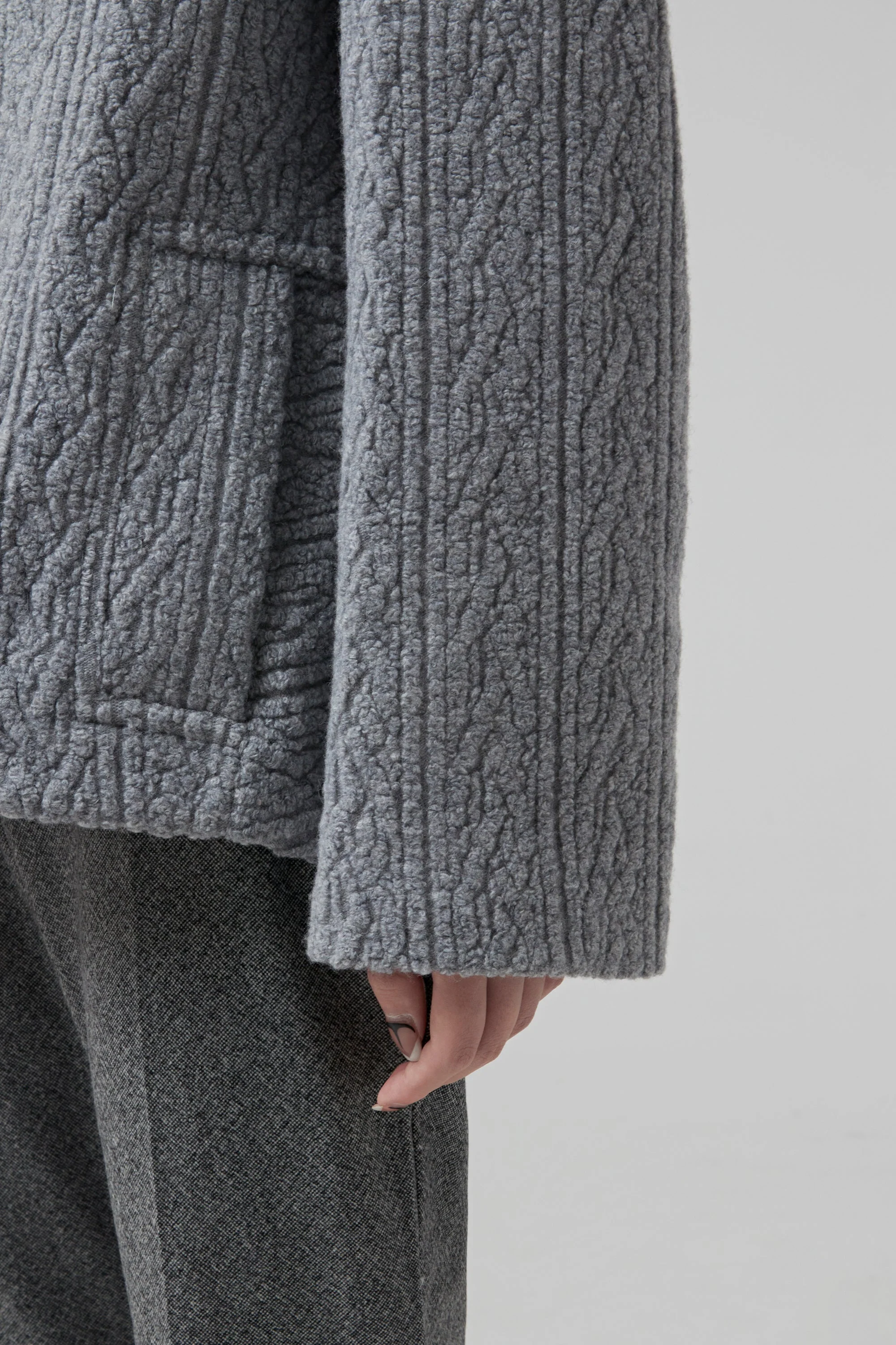 Single Breasted Grey Jacquard Jersey Jacket Buttoned In The Front - Heather Grey - Image 7