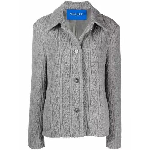 Single Breasted Grey Jacquard Jersey Jacket Buttoned In The Front - Heather Grey - Image 8