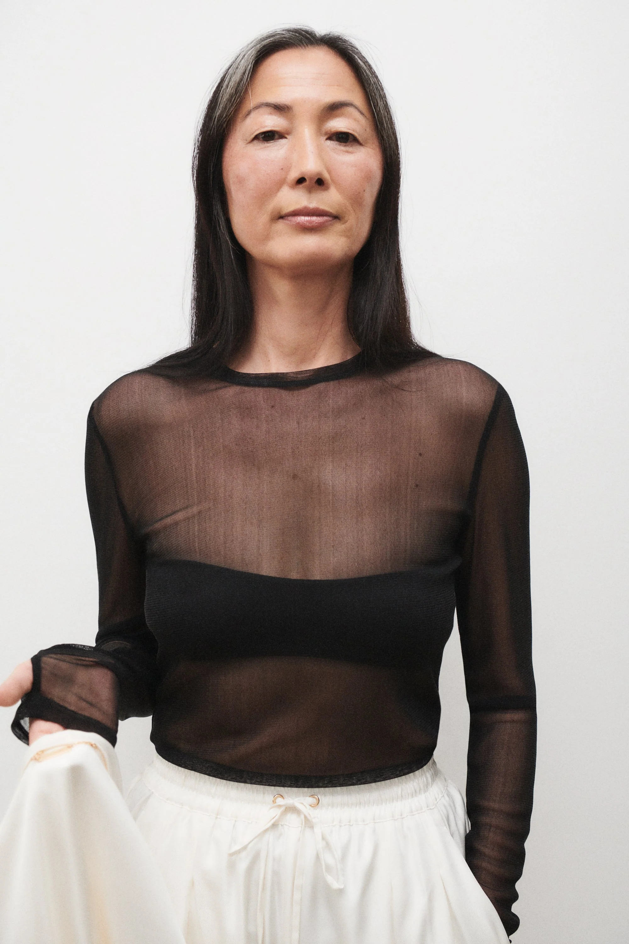 Silk Laundry Mesh Long Sleeve Top - Black - Image 2