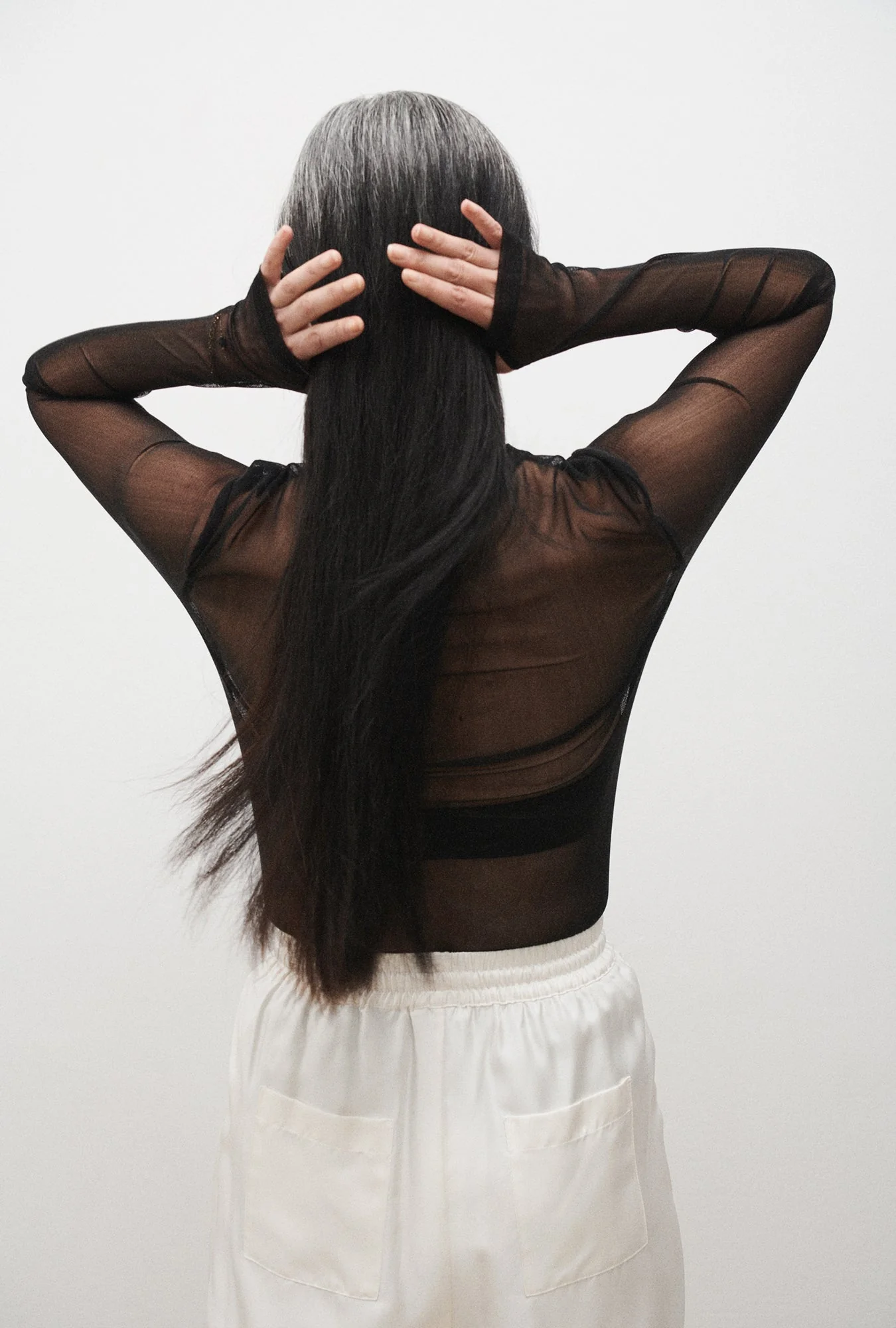 Silk Laundry Mesh Long Sleeve Top - Black - Image 3