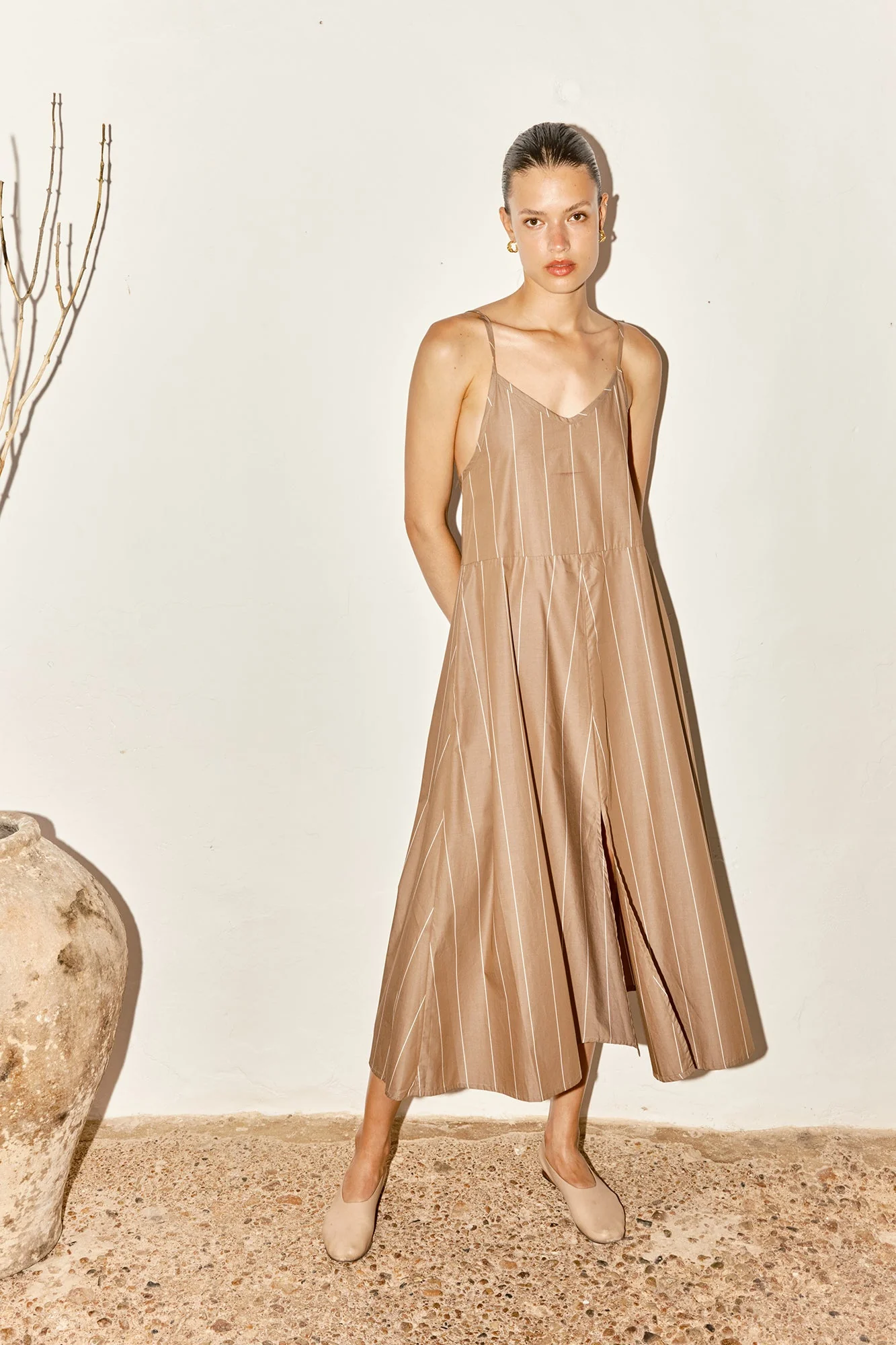Datura Almond Striped Slip Dress - Brown - Image 2