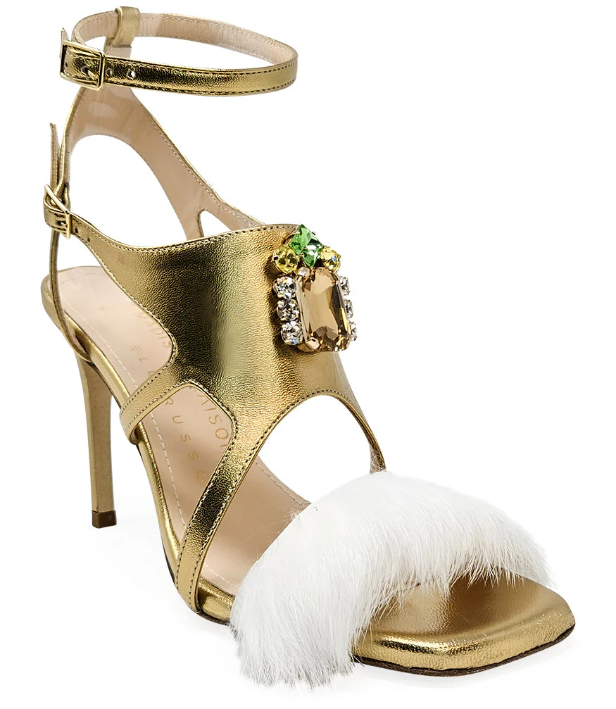 Fratelli Russo Leather Open Toe Feather Pump - Gold - Image 2