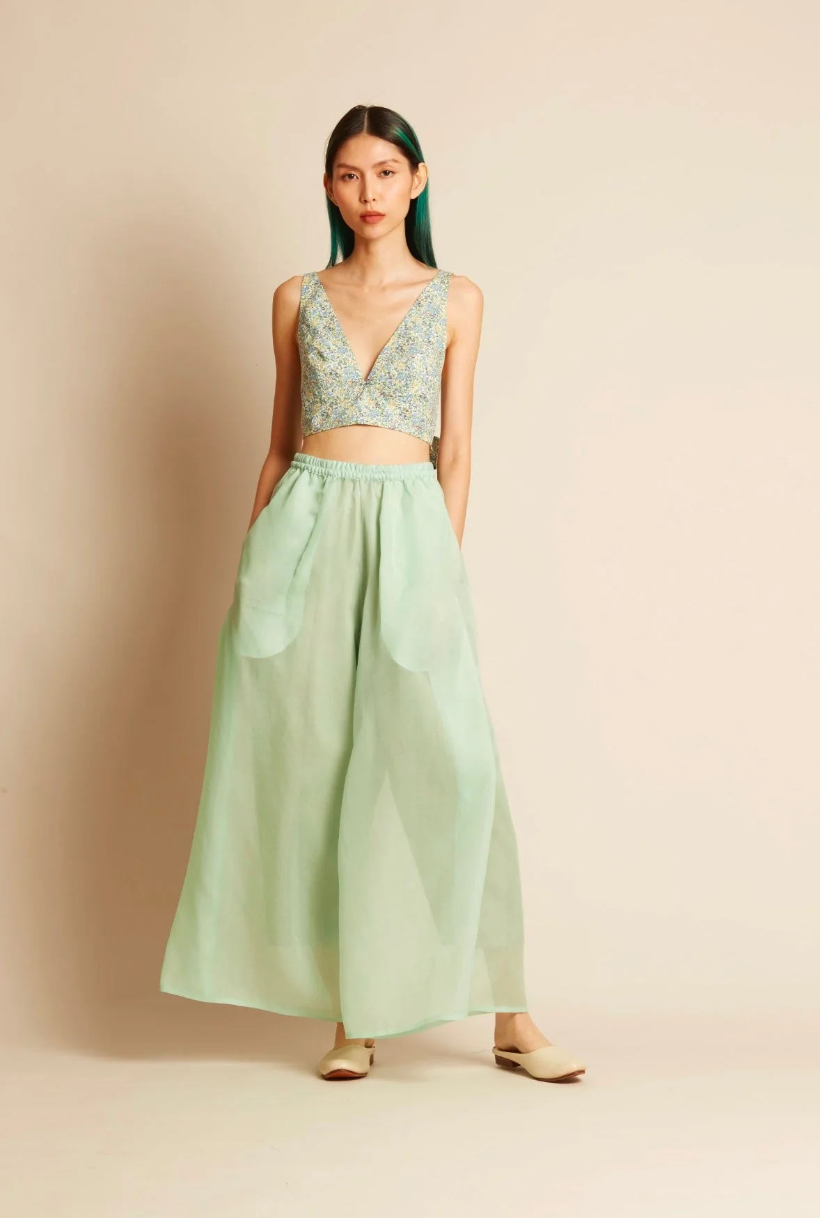 KAAREM La Lan Bralette Open Back Top w/ Tie - Blue Green Floral Print - Image 2