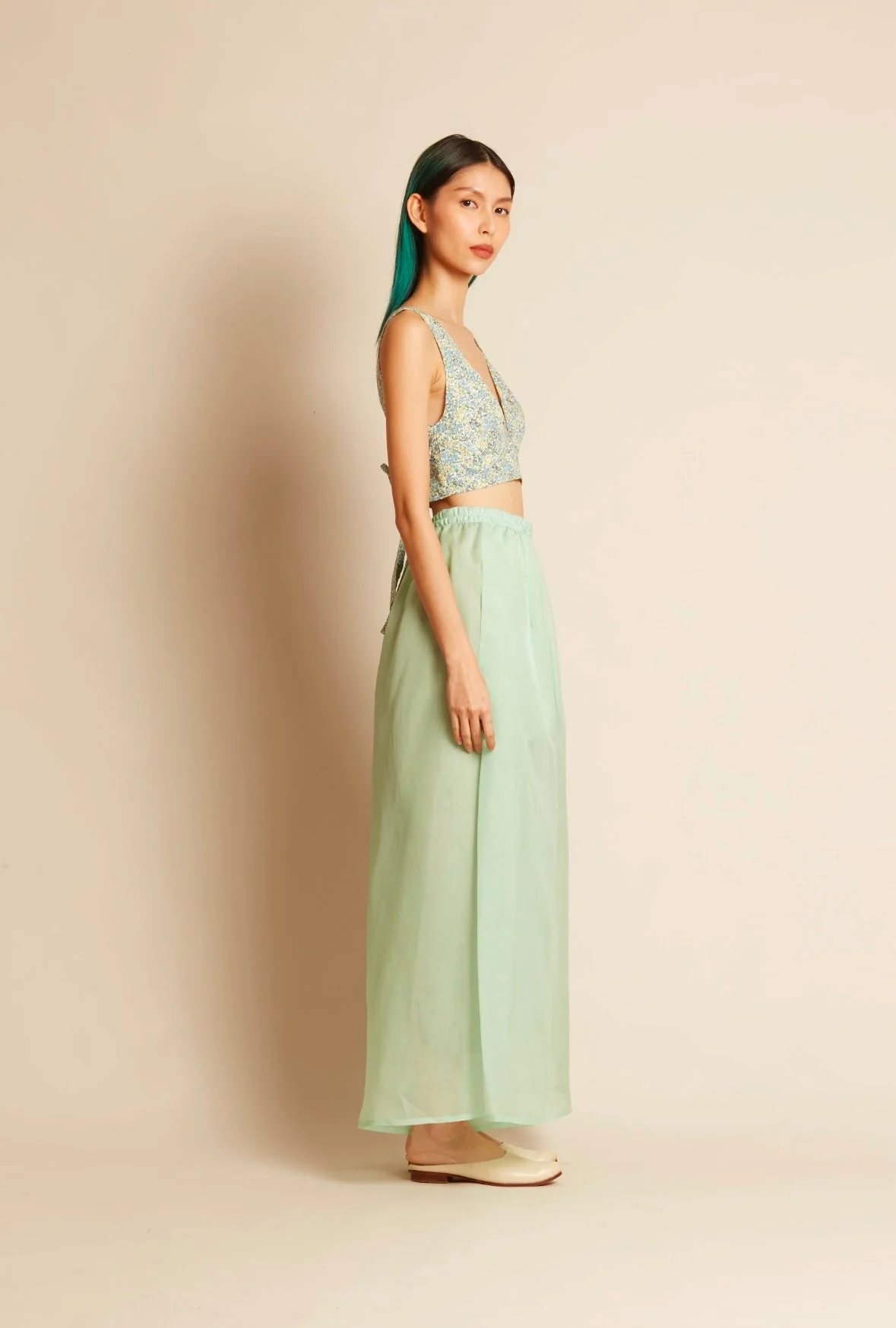 KAAREM La Lan Bralette Open Back Top w/ Tie - Blue Green Floral Print - Image 3