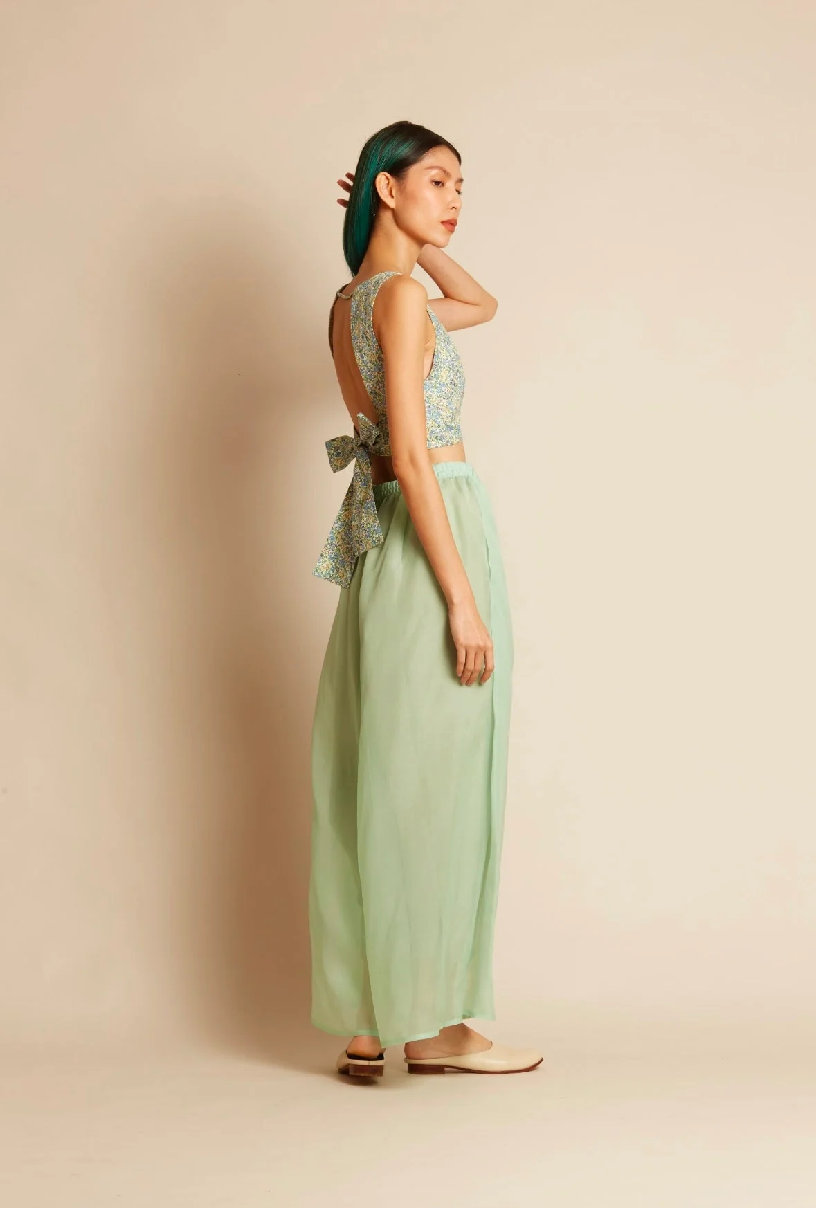 KAAREM La Lan Bralette Open Back Top w/ Tie - Blue Green Floral Print - Image 4