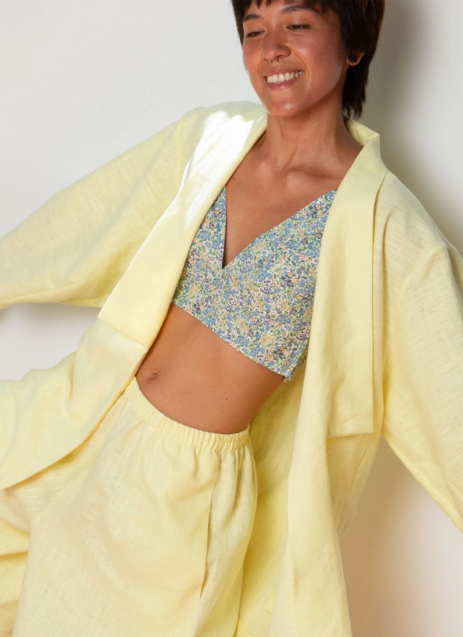 KAAREM La Lan Bralette Open Back Top w/ Tie - Blue Green Floral Print - Image 6