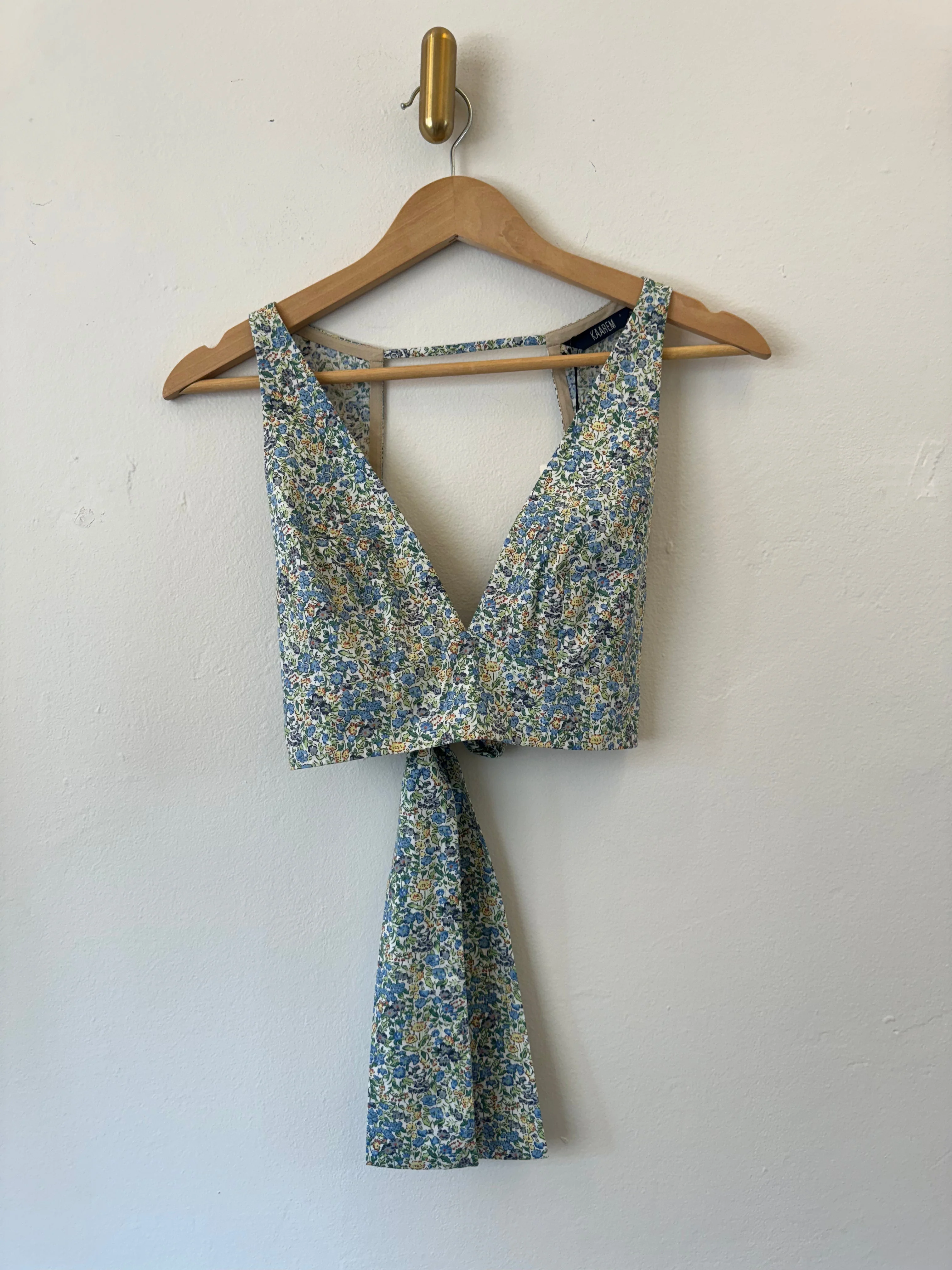 KAAREM La Lan Bralette Open Back Top w/ Tie - Blue Green Floral Print - Image 9