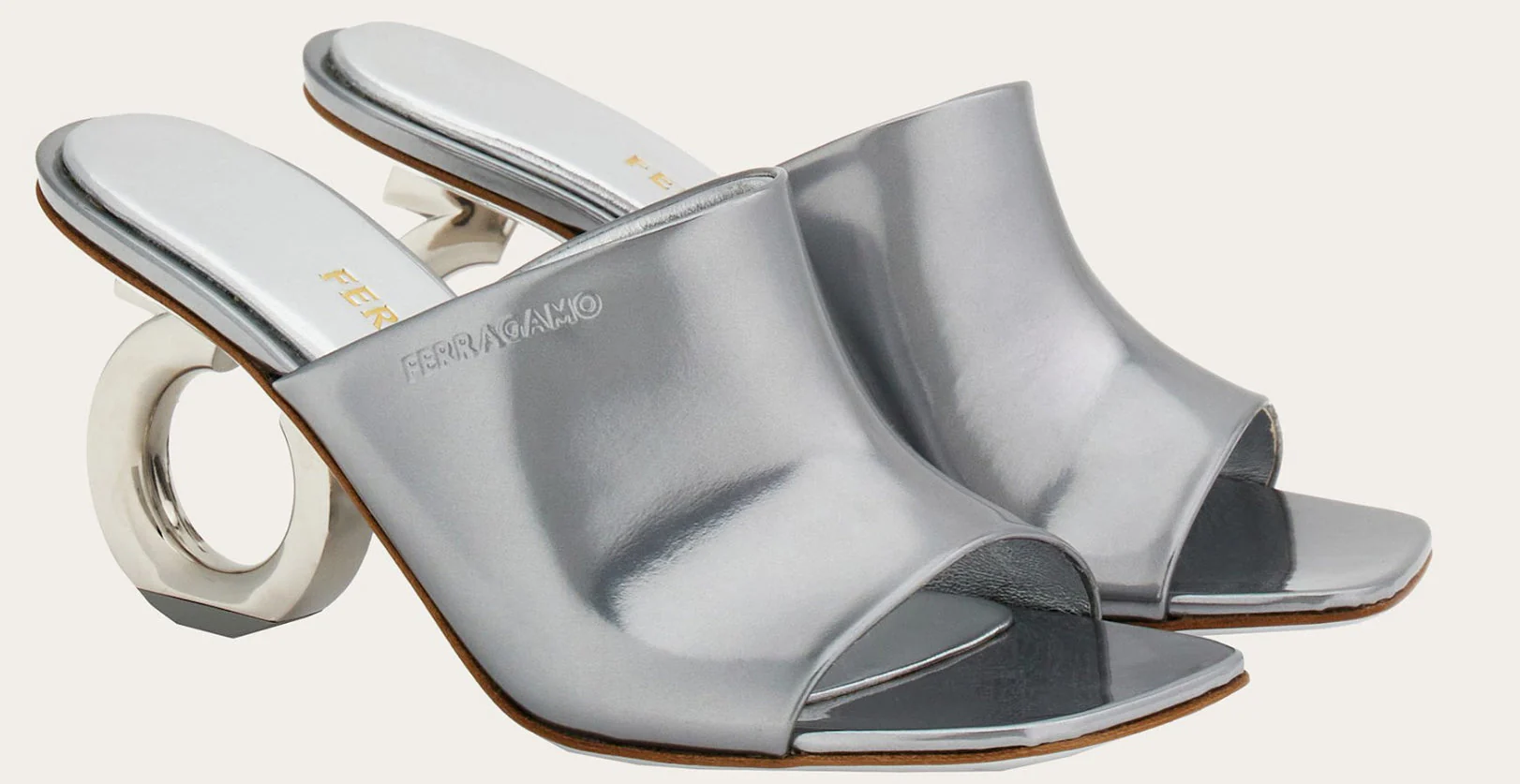 Salvatore Ferragamo Womens Astro Elina 70MM Leather Slide Mules - Silver - Image 2