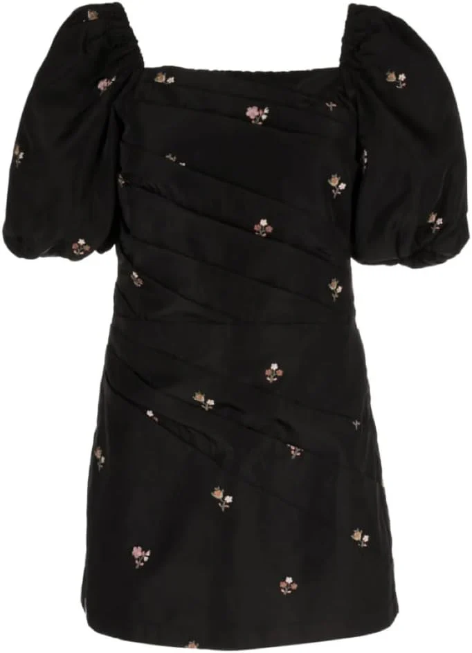 Sea NY Rubina Embroidery S/Slv Polyester Puff Sleeves Draped Dress - Black - Image 2