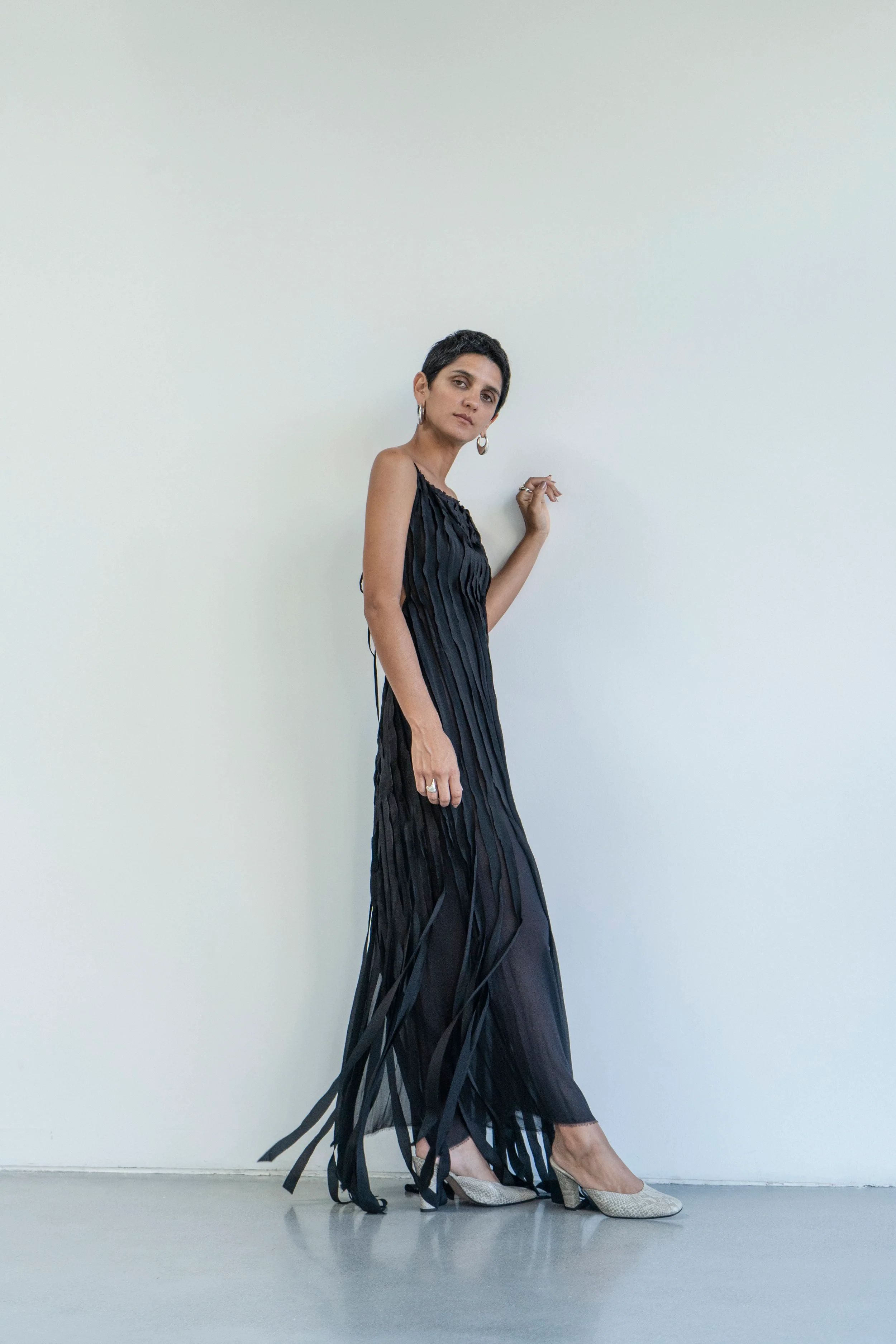 K M by L A N G E Teatralna Pure Silk Strips Dress - Black - Image 2