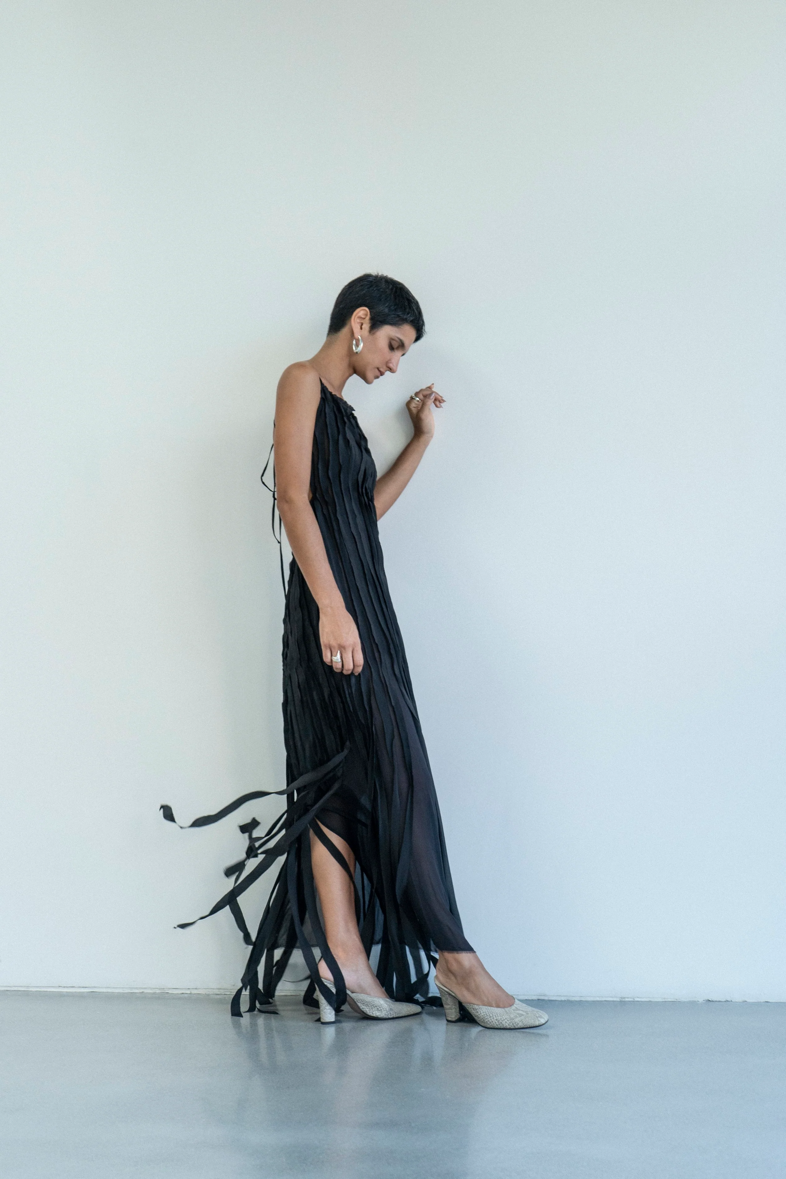 K M by L A N G E Teatralna Pure Silk Strips Dress - Black - Image 4