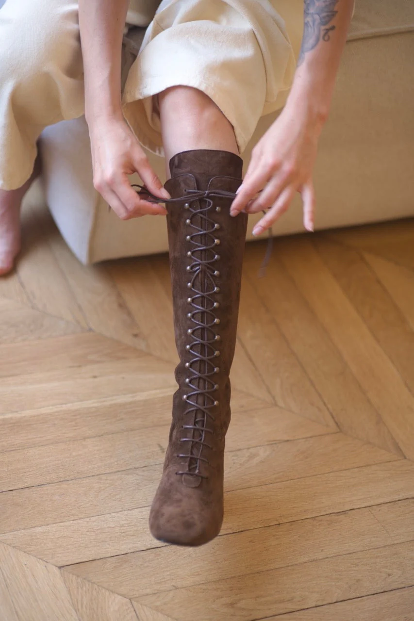 Anne Thomas Pavlova Long Laces Boots - Velours Dark Cigar - Image 11