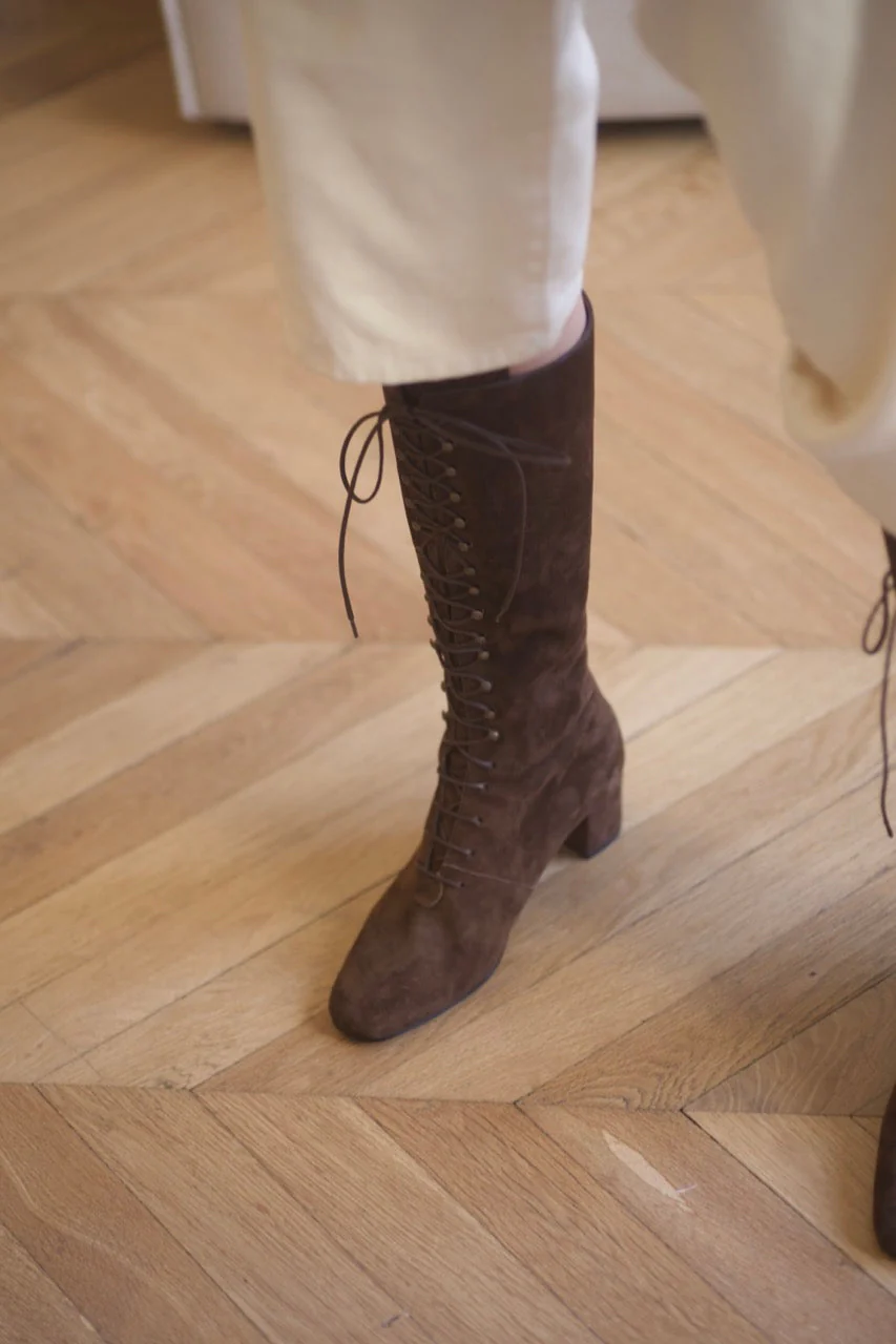 Anne Thomas Pavlova Long Laces Boots - Velours Dark Cigar - Image 5