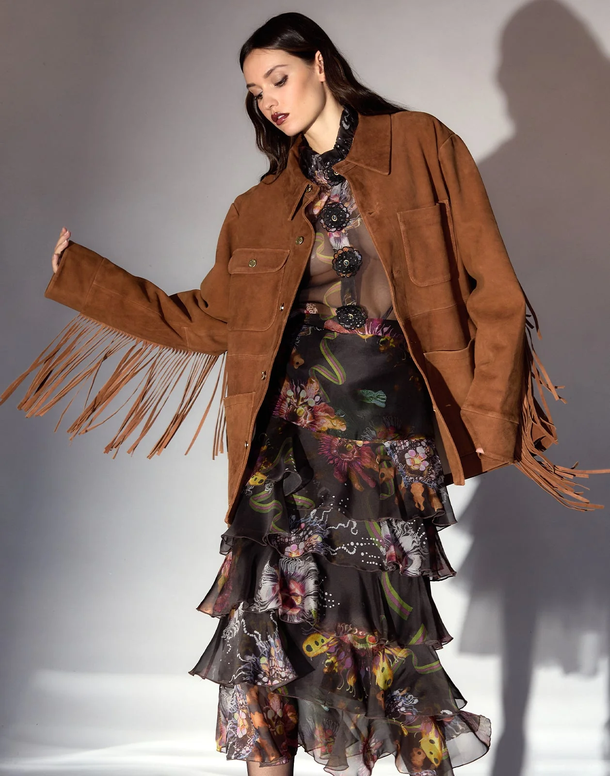 Cynthia Rowley Westward Fringe Suede Jacket - Chestnut Brown - Image 10