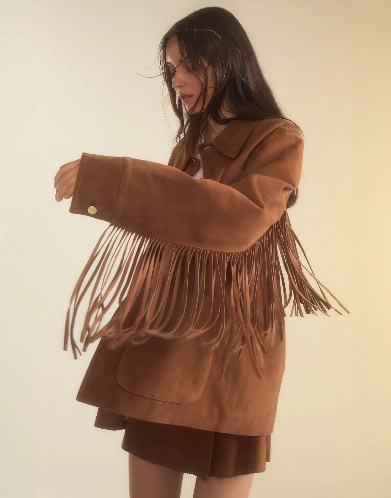 Cynthia Rowley Westward Fringe Suede Jacket - Chestnut Brown - Image 5