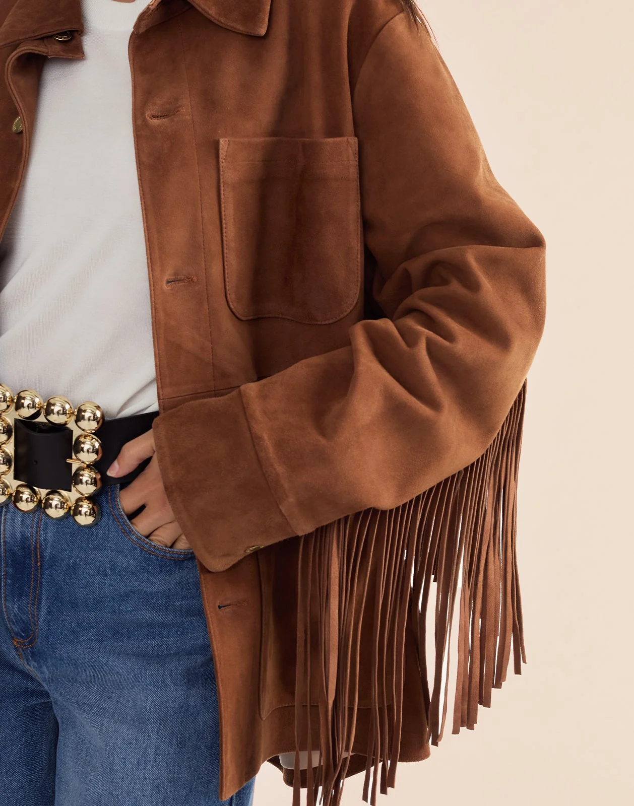 Cynthia Rowley Westward Fringe Suede Jacket - Chestnut Brown - Image 6