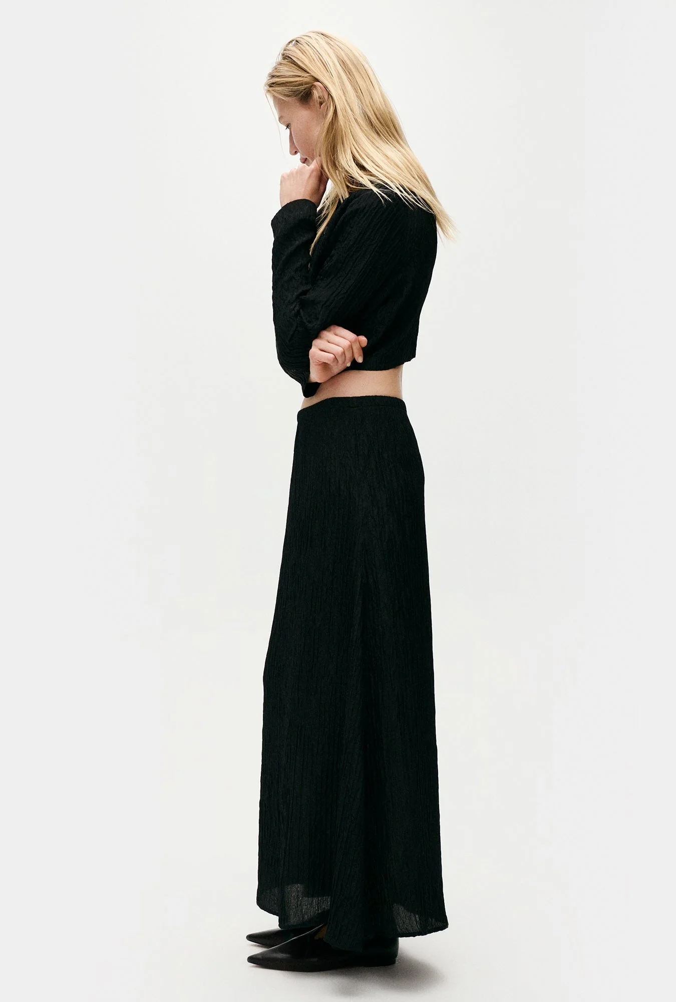 Silk Laundry Crinkle Long Bias Cut Skirt - Black - Image 3