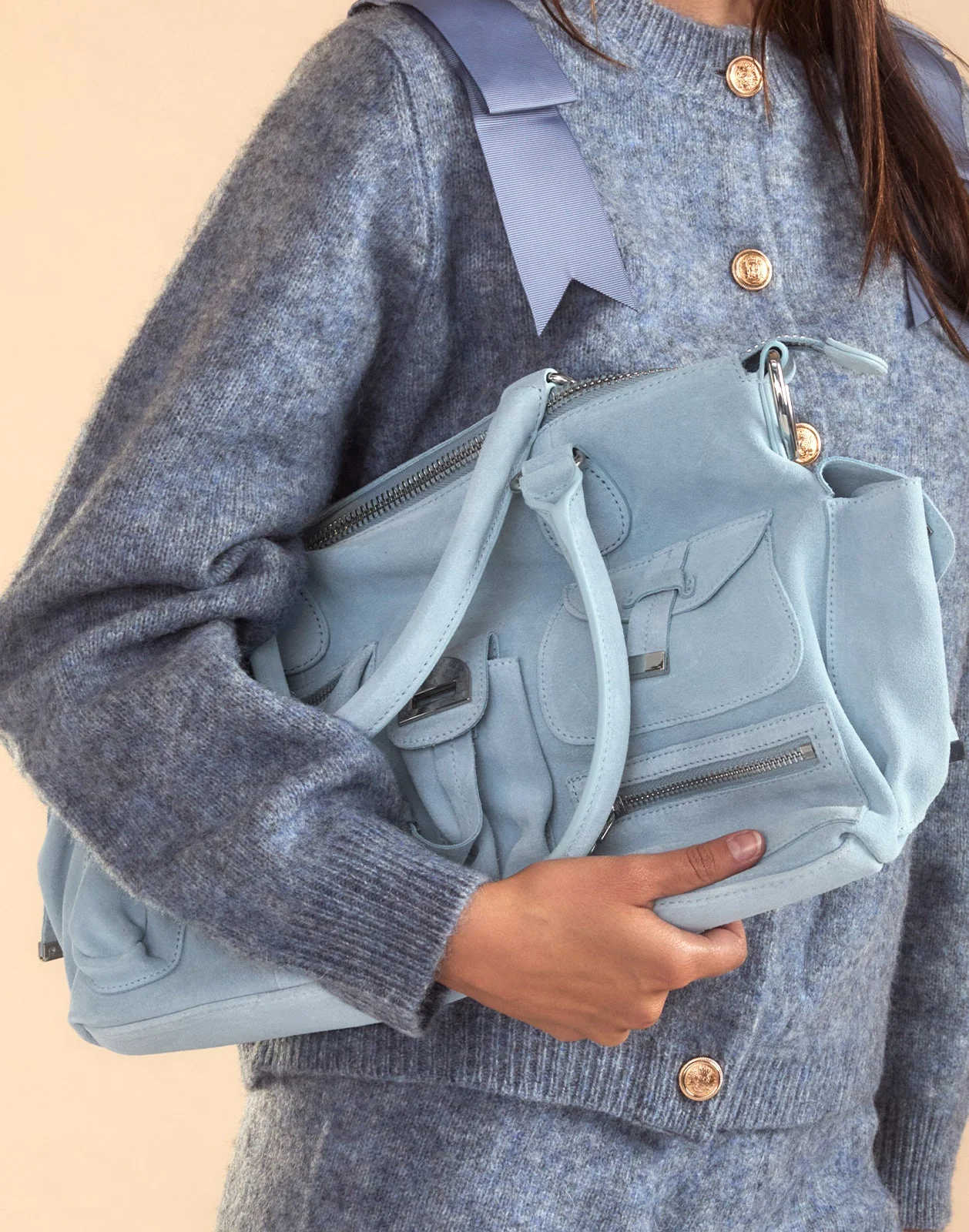Cynthia Rowley Suede Cargo Pocket Shoulder Bag - Denim Blue - Image 4