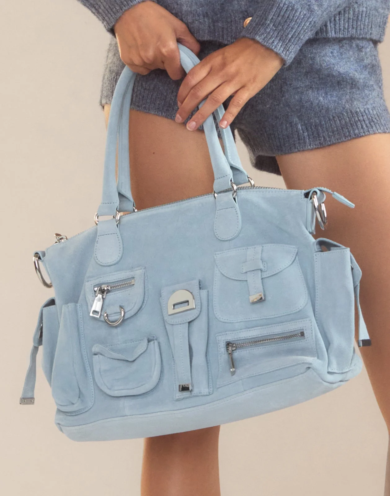 Cynthia Rowley Suede Cargo Pocket Shoulder Bag - Denim Blue - Image 5