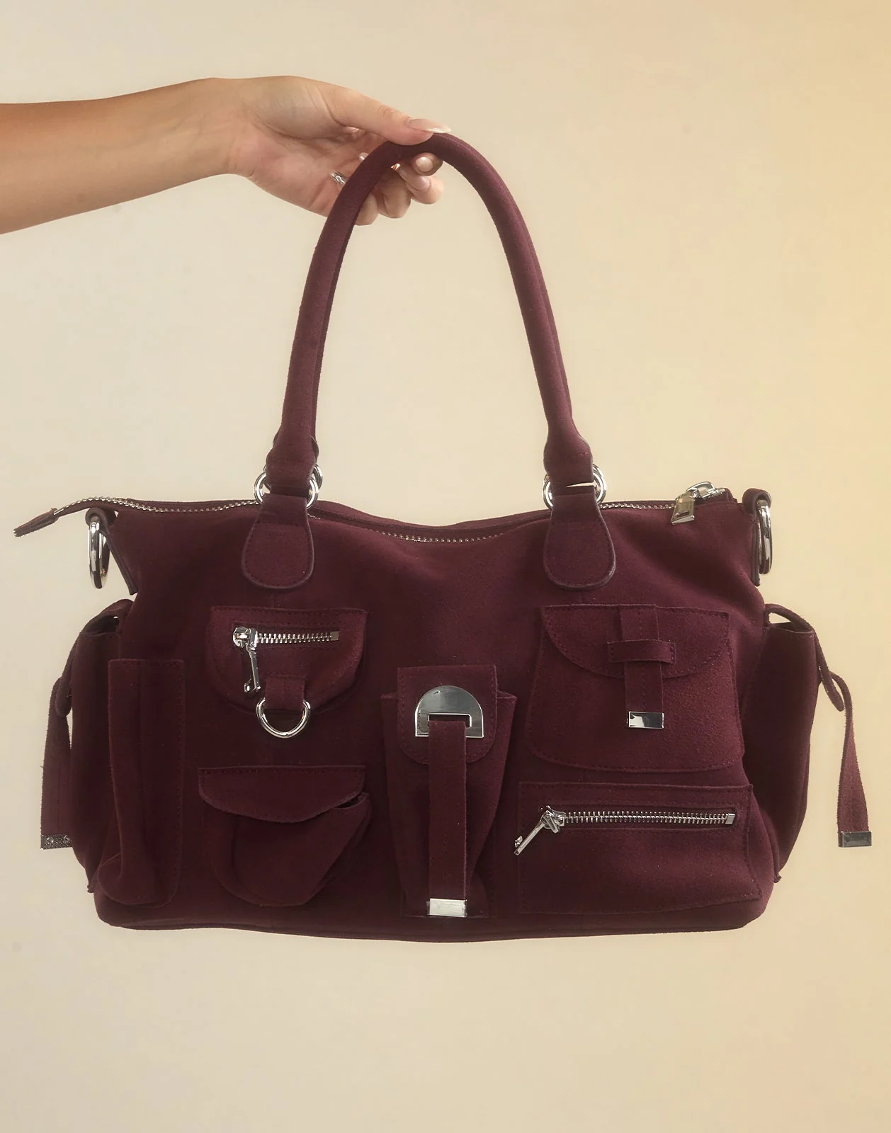 Cynthia Rowley Suede Cargo Pocket Shoulder Bag - Oxblood - Image 2