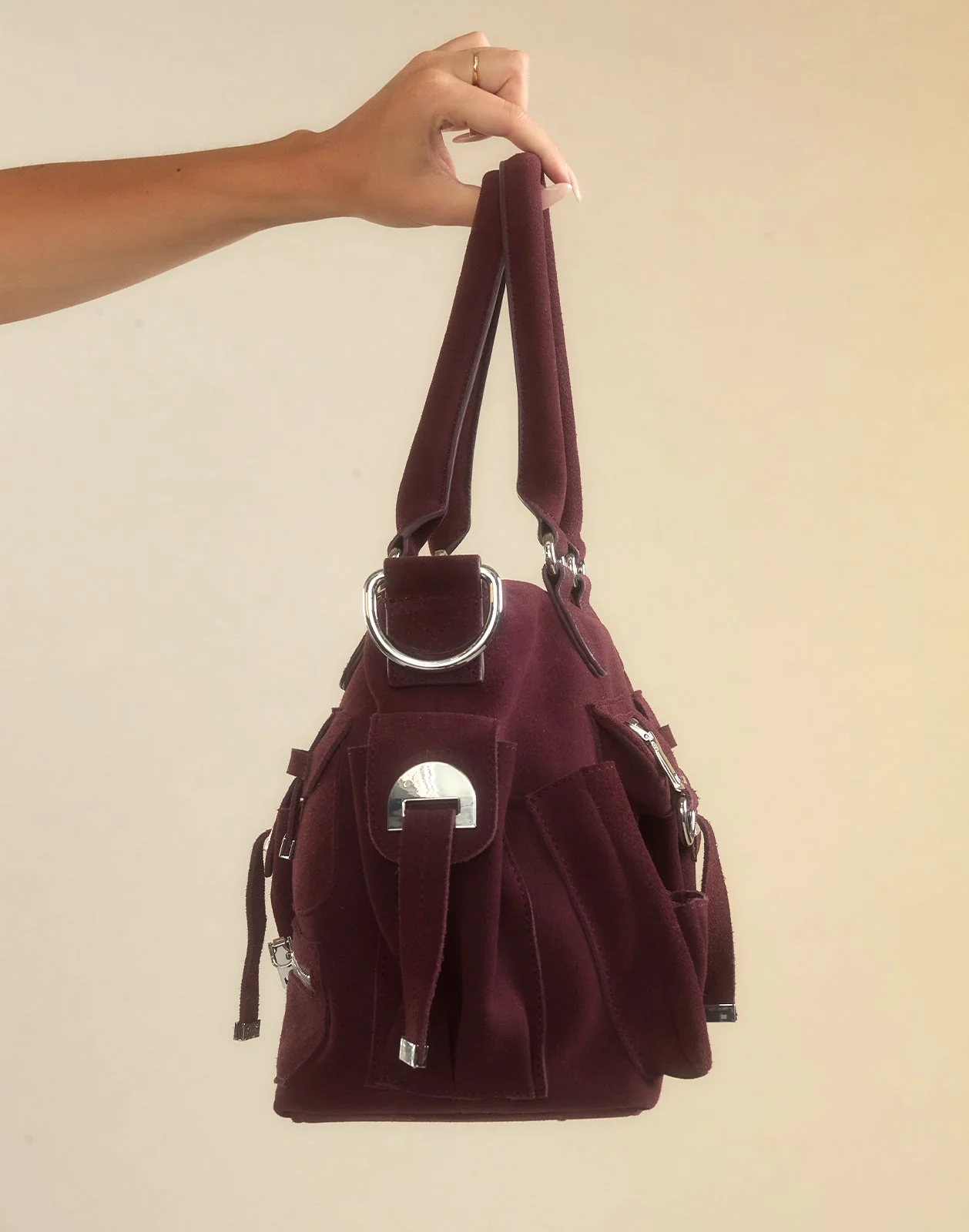 Cynthia Rowley Suede Cargo Pocket Shoulder Bag - Oxblood - Image 3