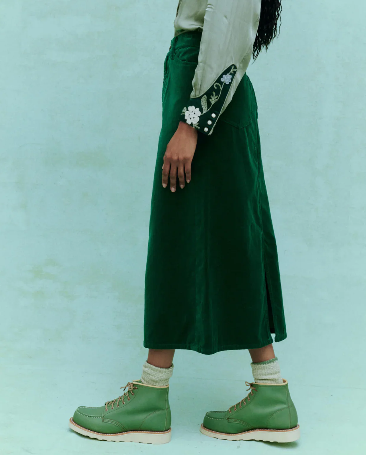 The Great. The Velvet Column Skirt - Emerald Green - Image 2