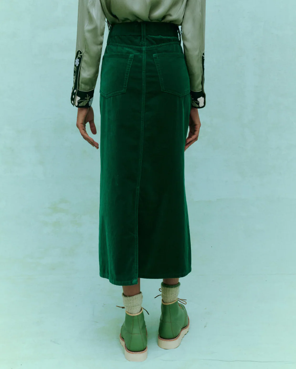 The Great. The Velvet Column Skirt - Emerald Green - Image 3