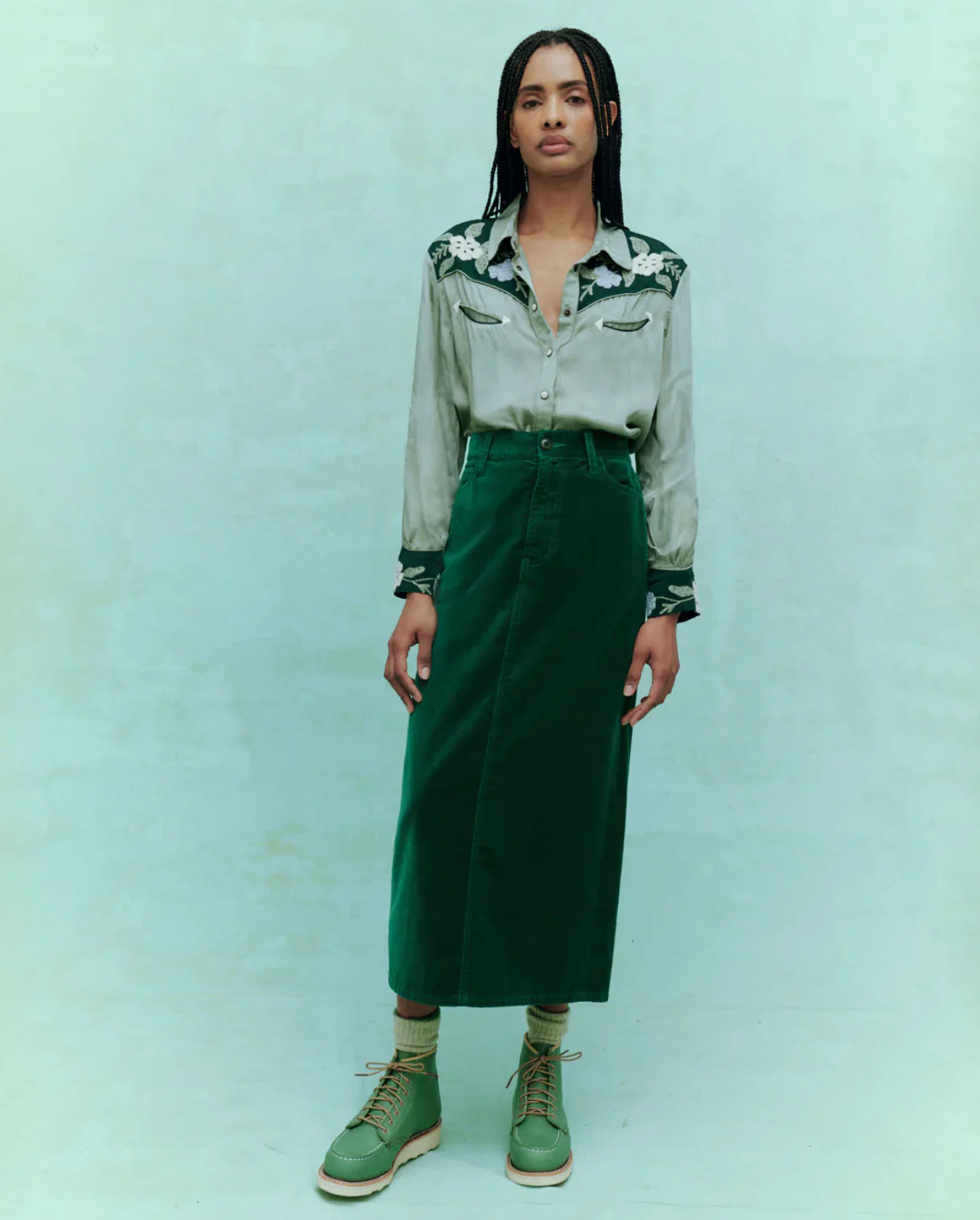 The Great. The Velvet Column Skirt - Emerald Green - Image 4