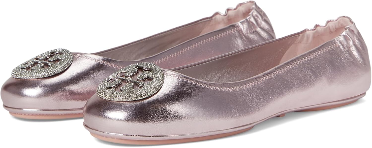 Tory Burch Minnie Crinkle Leather Ballet Flats w/Pave Logo - Sparkle Pink