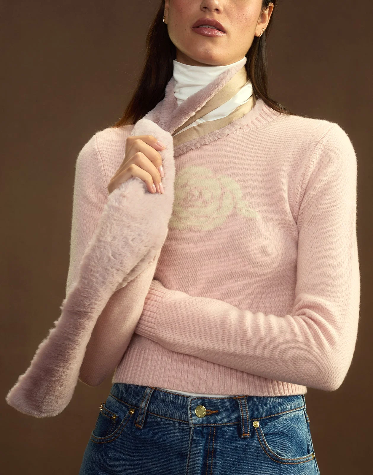 Cynthia Rowley Out East Faux Fur Silk Scarf - Blush - Image 3