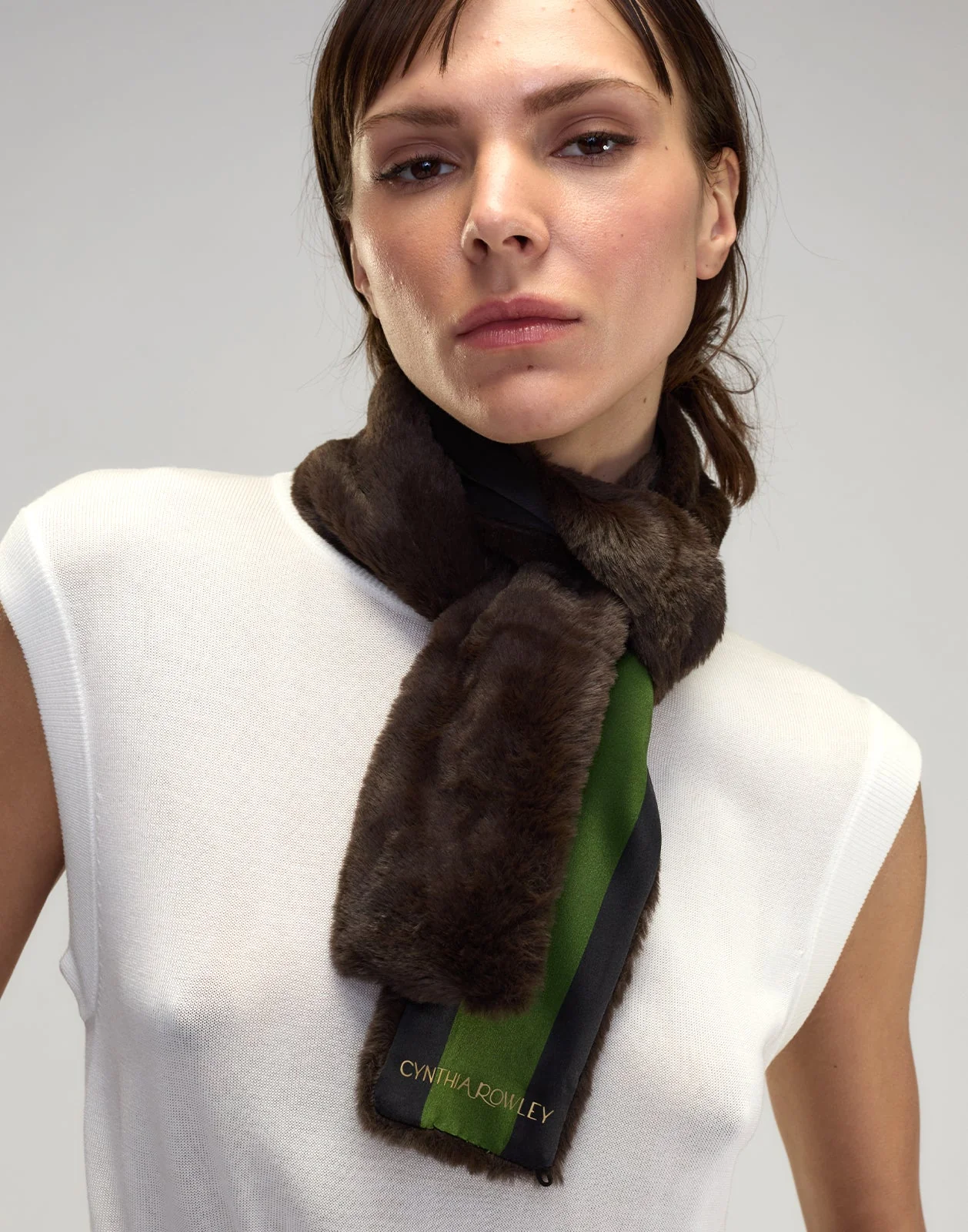 Cynthia Rowley Out East Faux Fur Silk Scarf - Brown - Image 2