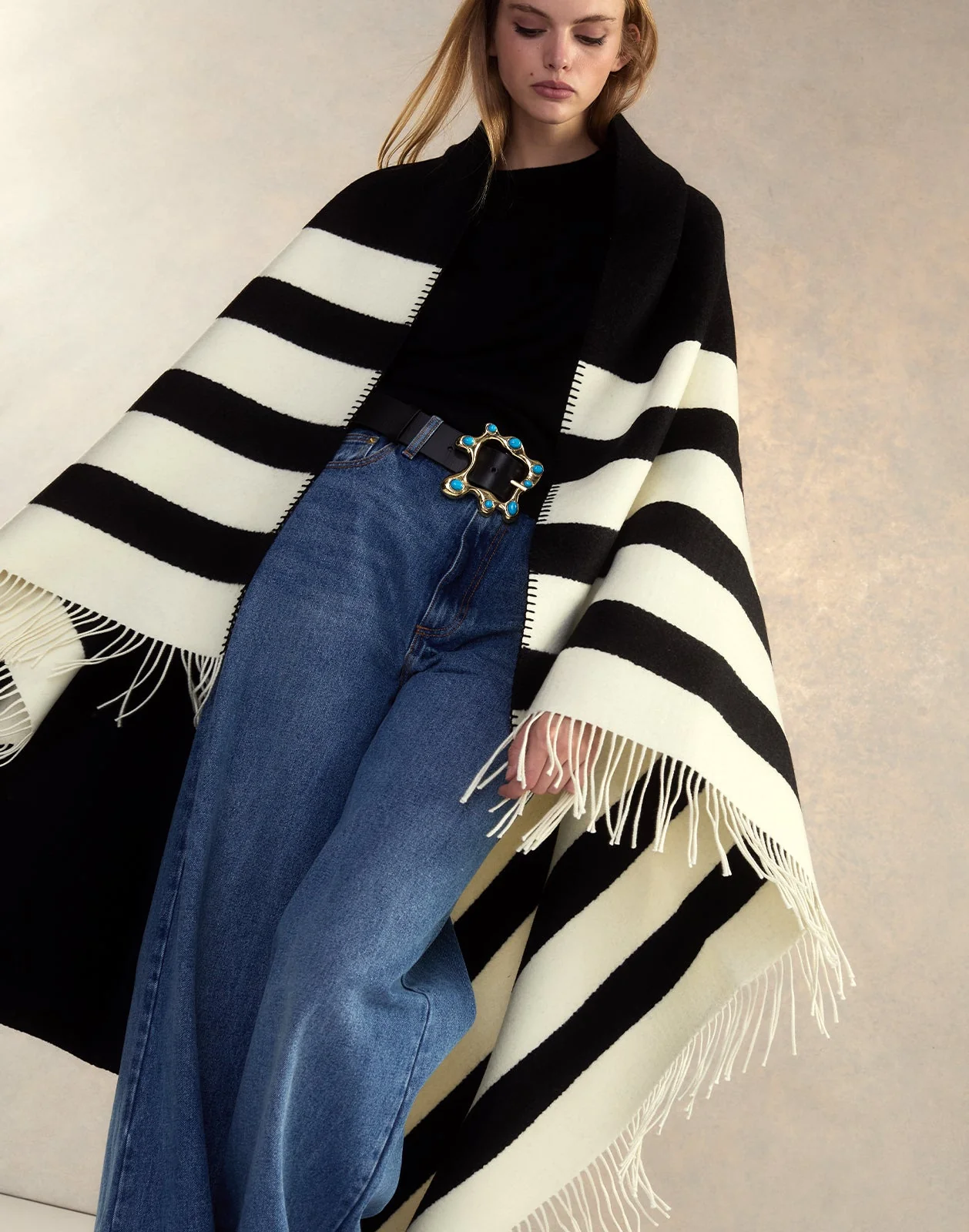Cynthia Rowley Wool Cashmere Blanket Wrap - Black/White - Image 5