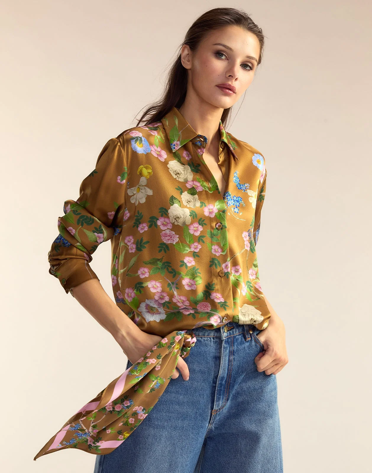 Cynthia Rowley Bloom Silk Scarf - Gold Floral - Image 3