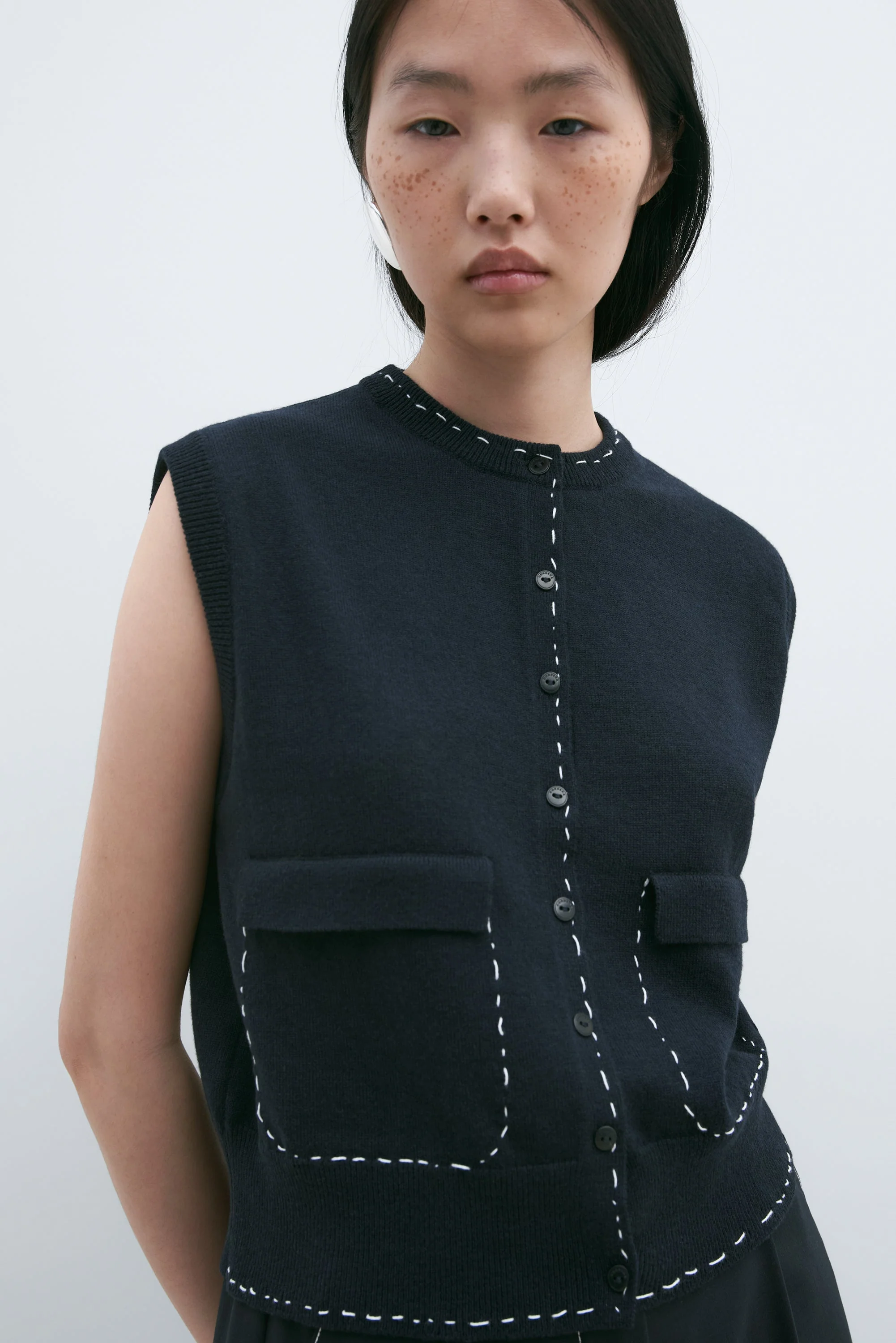 Cordera Merino Wool Stitched Waistcoat - Navy - Image 4