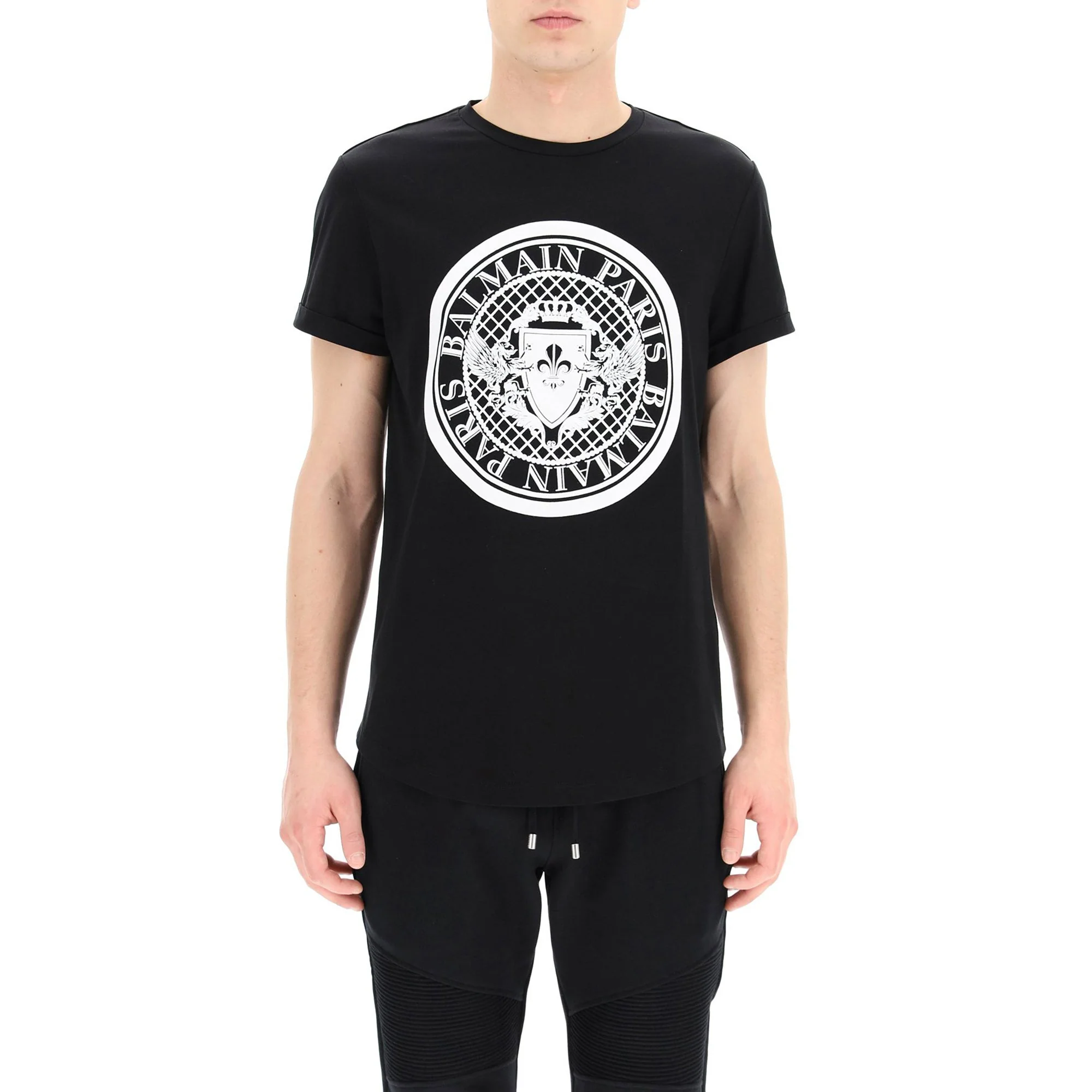 Balmain Men's Logo T-shirt w/Flock Medallion Logo - Black/White - Image 2