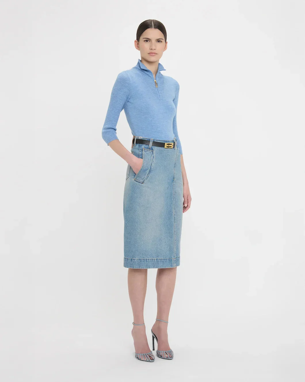 Victoria Beckham Denim Wrap Detail Skirt - Pale Blue Wash - Image 3
