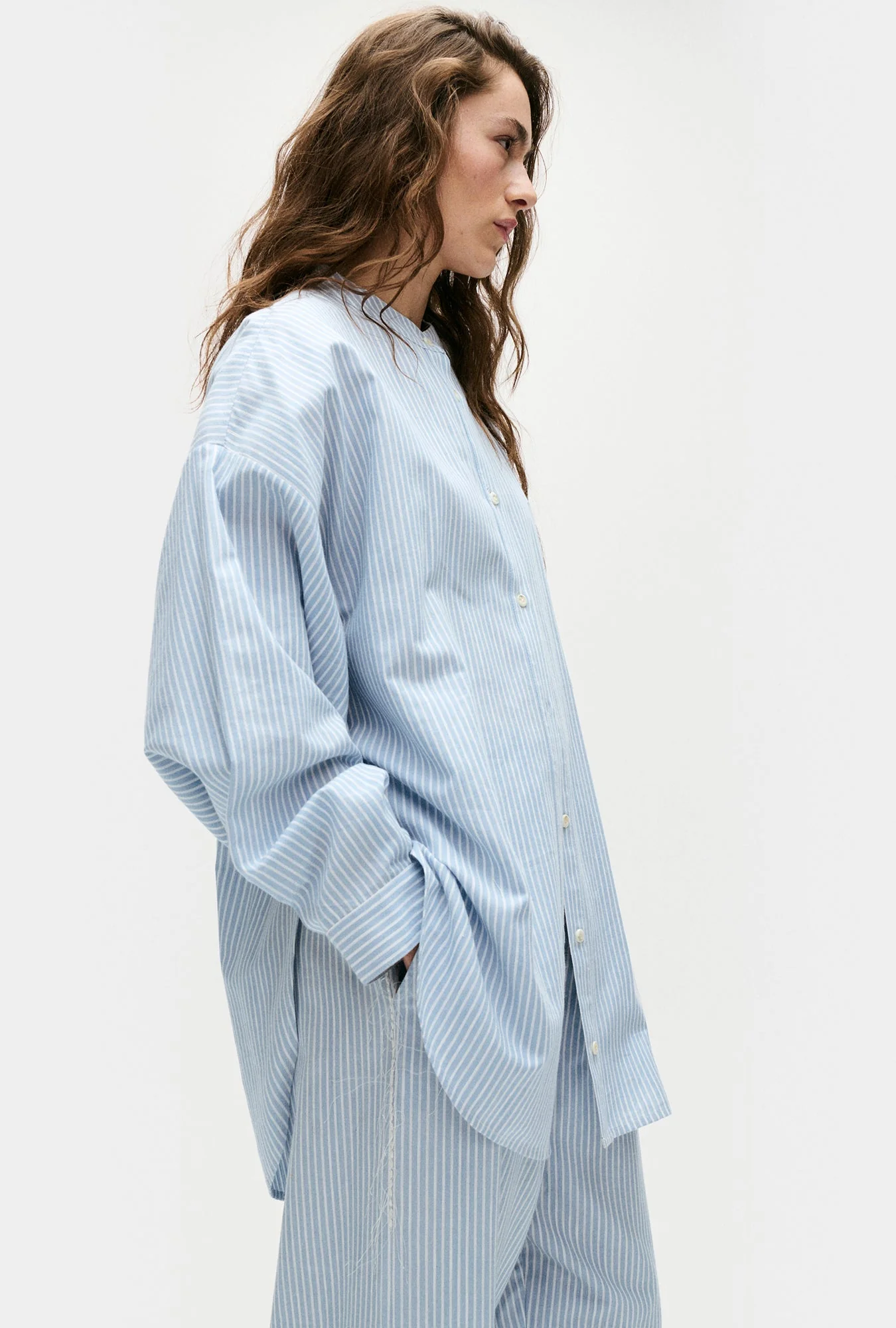 Silk Laundry Cotton Collarless Round Shirt - Storm Stripe - Image 3