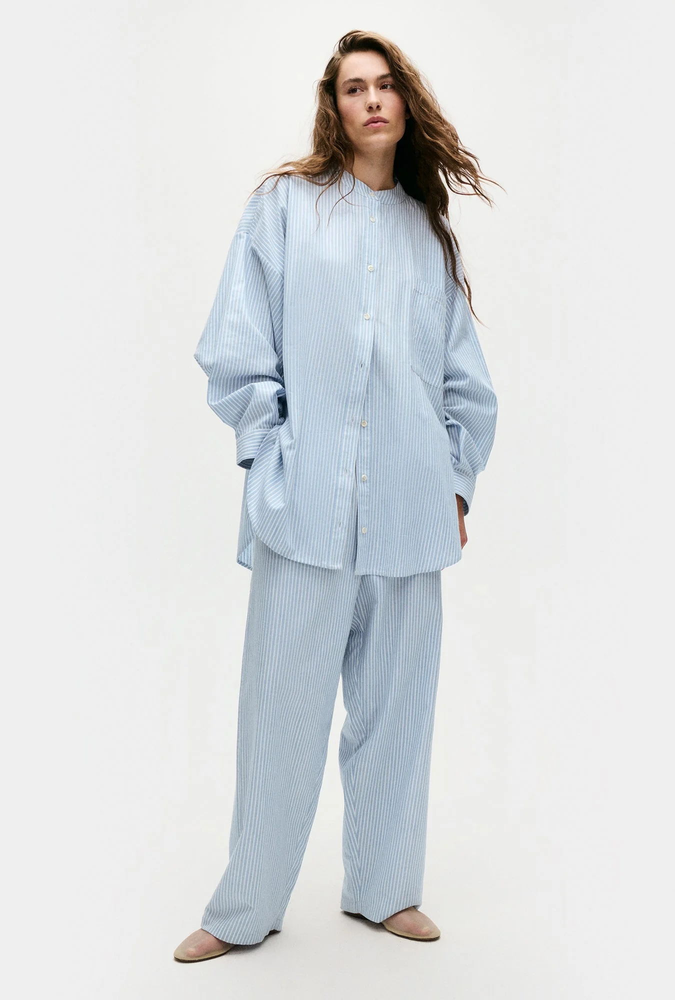 Silk Laundry Cotton Collarless Round Shirt - Storm Stripe - Image 4