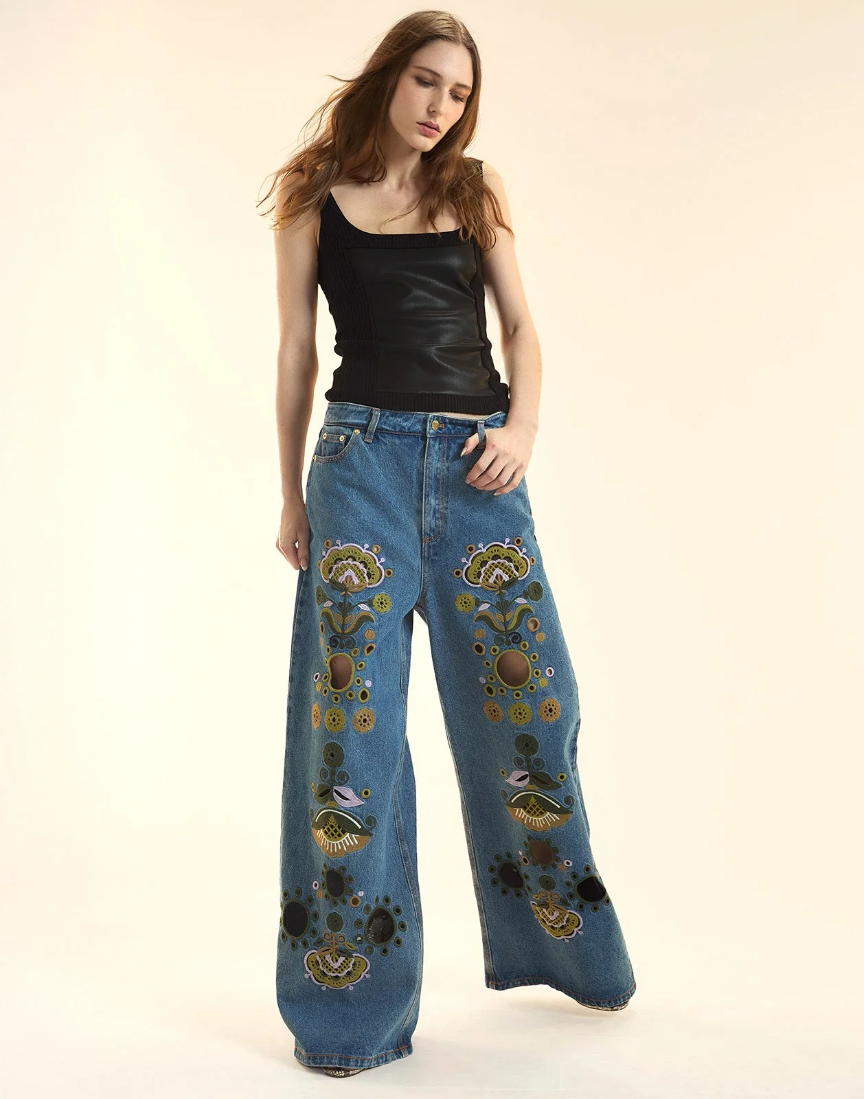 Cynthia Rowley Embroidered Wide-leg Jean - Blue Multi - Image 4