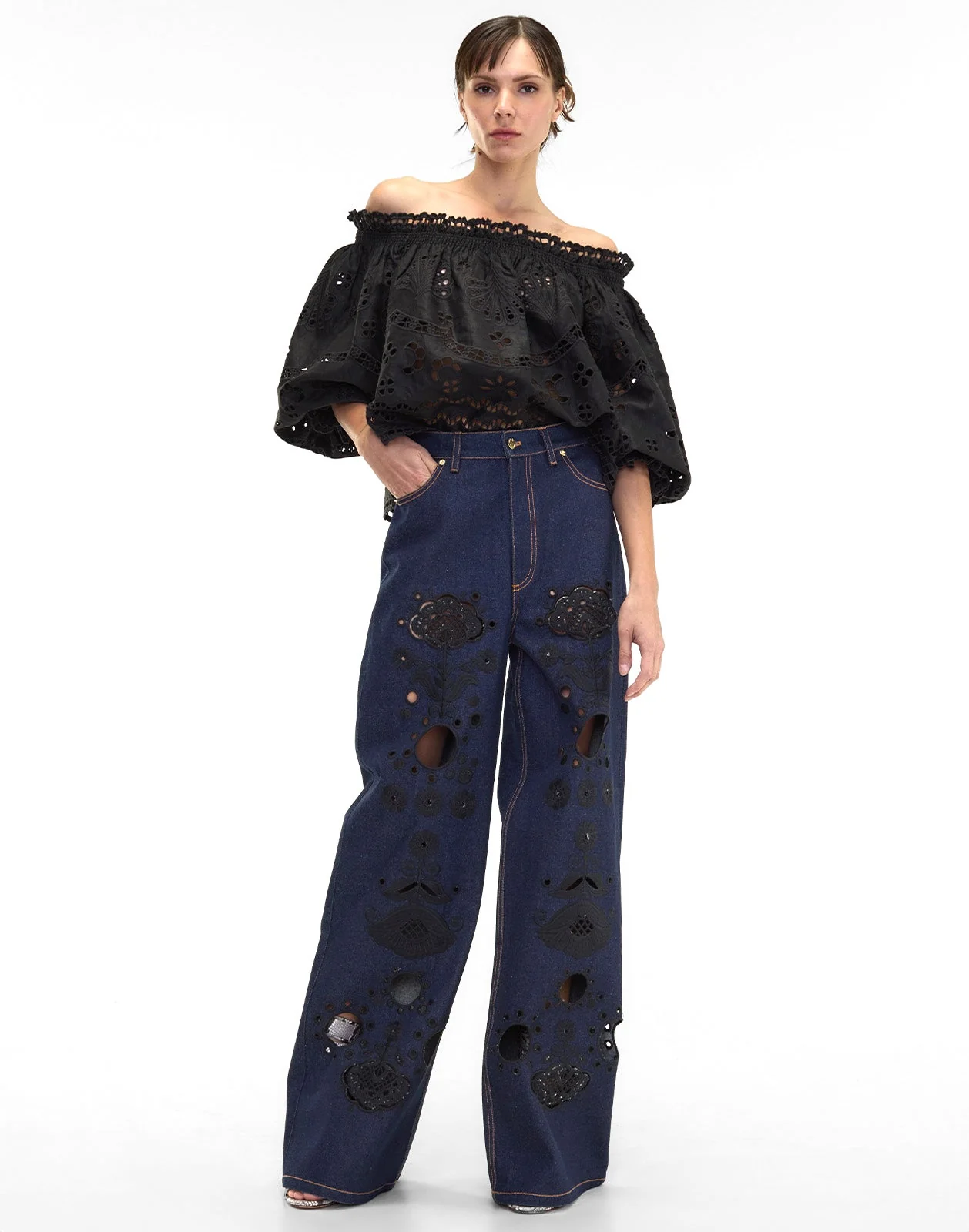 Cynthia Rowley Embroidered Wide-leg Jeans - Dark Wash - Image 2